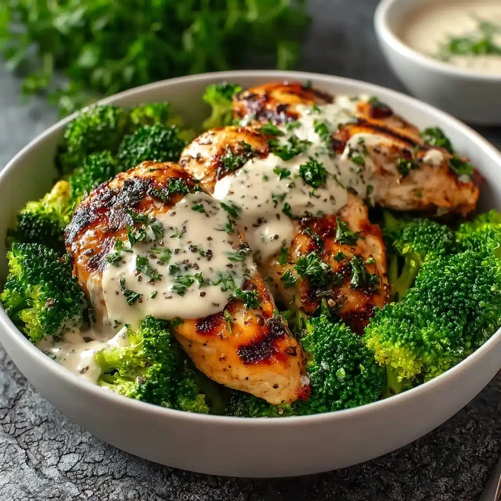 Grilled Chicken & Broccoli Bowls with Creamy Garlic Sauce Recipe - Recipe Image