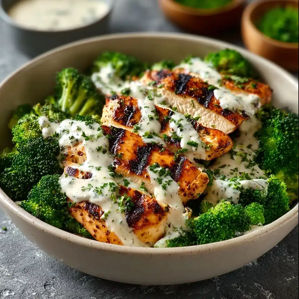 Grilled Chicken & Broccoli Bowls with Creamy Garlic Sauce Recipe - Recipe Image