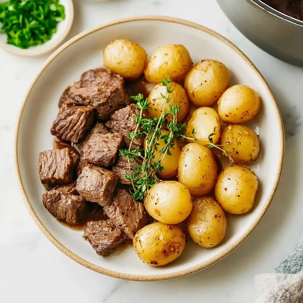 crockpot garlic butter beef bites with potatoes Recipe - Recipe Image
