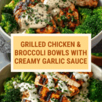 Grilled Chicken & Broccoli Bowls with Creamy Garlic Sauce Recipe