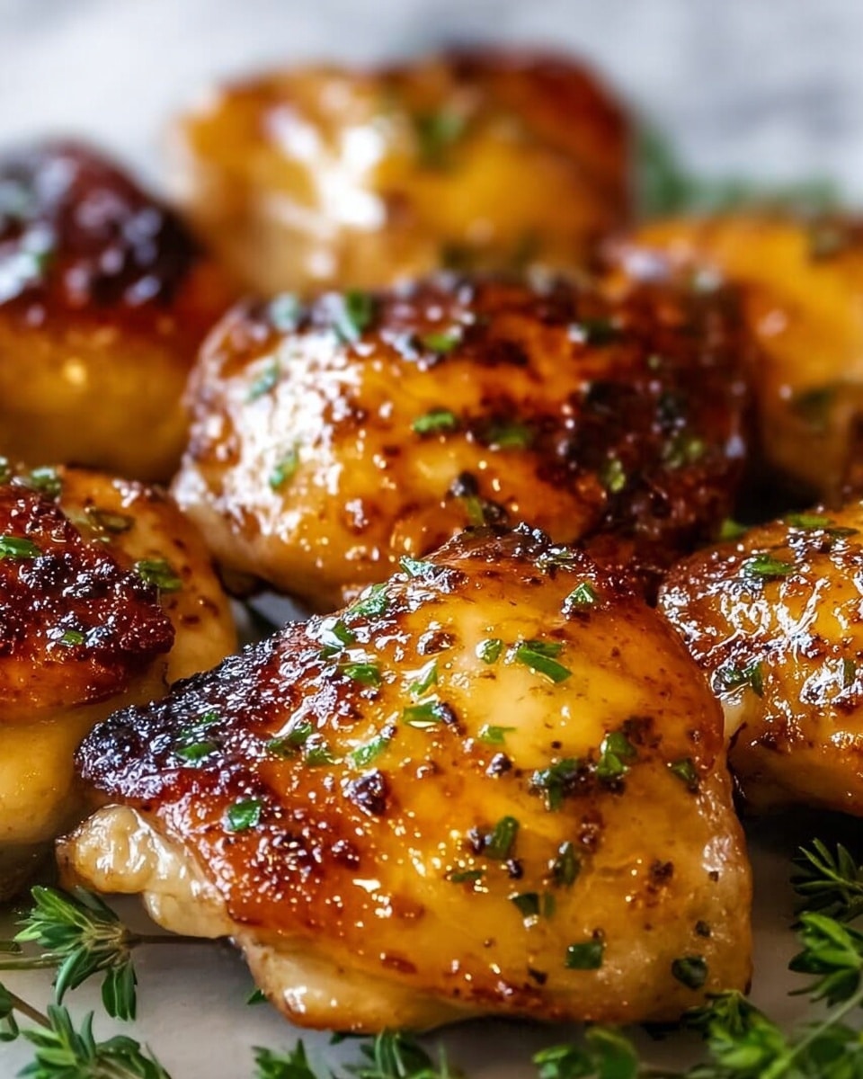 The image shows several golden-brown grilled chicken thighs with a shiny glaze, placed closely together. The chicken pieces have slightly charred edges and are sprinkled with chopped green herbs. The texture looks moist and tender, with a sticky, shiny surface from the glaze. The chicken is laid on a bed of fresh green herbs, adding a touch of color contrast. The overall look is warm and inviting, with rich browns and fresh greens against a white marbled background. photo taken with an iphone --ar 4:5 --v 7