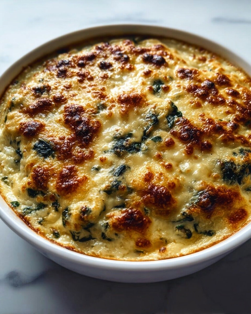 A white round bowl filled with a baked dish showing a top layer of melted golden brown cheese with browned spots and small green leafy bits mixed within. The surface is bubbly and textured with dark green pieces visible under the cheese, suggesting a creamy layer underneath. The dish looks thick and rich, filling the bowl almost to the edge, all set on a white marbled surface. Photo taken with an iphone --ar 4:5 --v 7