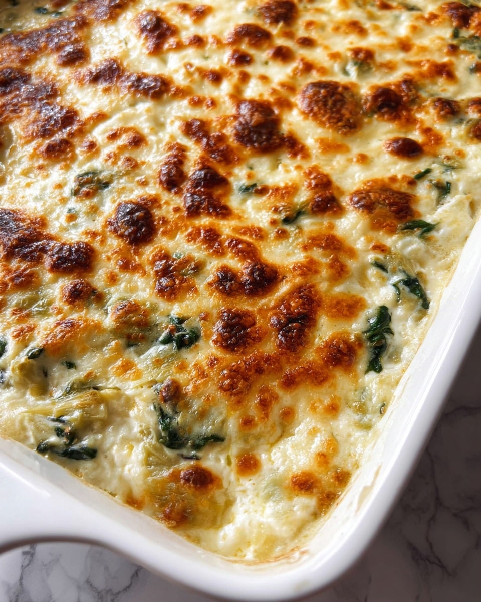 A close-up view of a creamy baked dish in a white rectangular casserole dish, featuring a golden brown, bubbly cheese top layer with browned spots and small areas of melted cheese texture. Below the surface, there are visible pieces of green spinach and bits of tender artichoke hearts mixed into a soft, white creamy sauce, creating a slightly uneven texture across the casserole's surface. The cheese crust has a slightly crisp appearance from baking, with the white and green ingredients peeking through in patches. The background shows a white marbled texture. photo taken with an iphone --ar 4:5 --v 7
