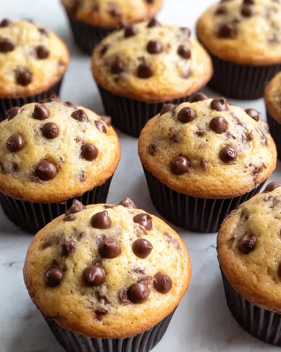 The image shows several chocolate chip muffins arranged neatly on a white marbled surface. Each muffin has one main layer with a golden-brown top speckled with melted chocolate chips in dark brown color. The muffins sit in black paper liners that contrast with the light muffin color. The muffin tops have a soft, slightly bumpy texture with glossy chocolate chips scattered evenly across the surface, showing a fresh baked look. Photo taken with an iphone --ar 4:5 --v 7