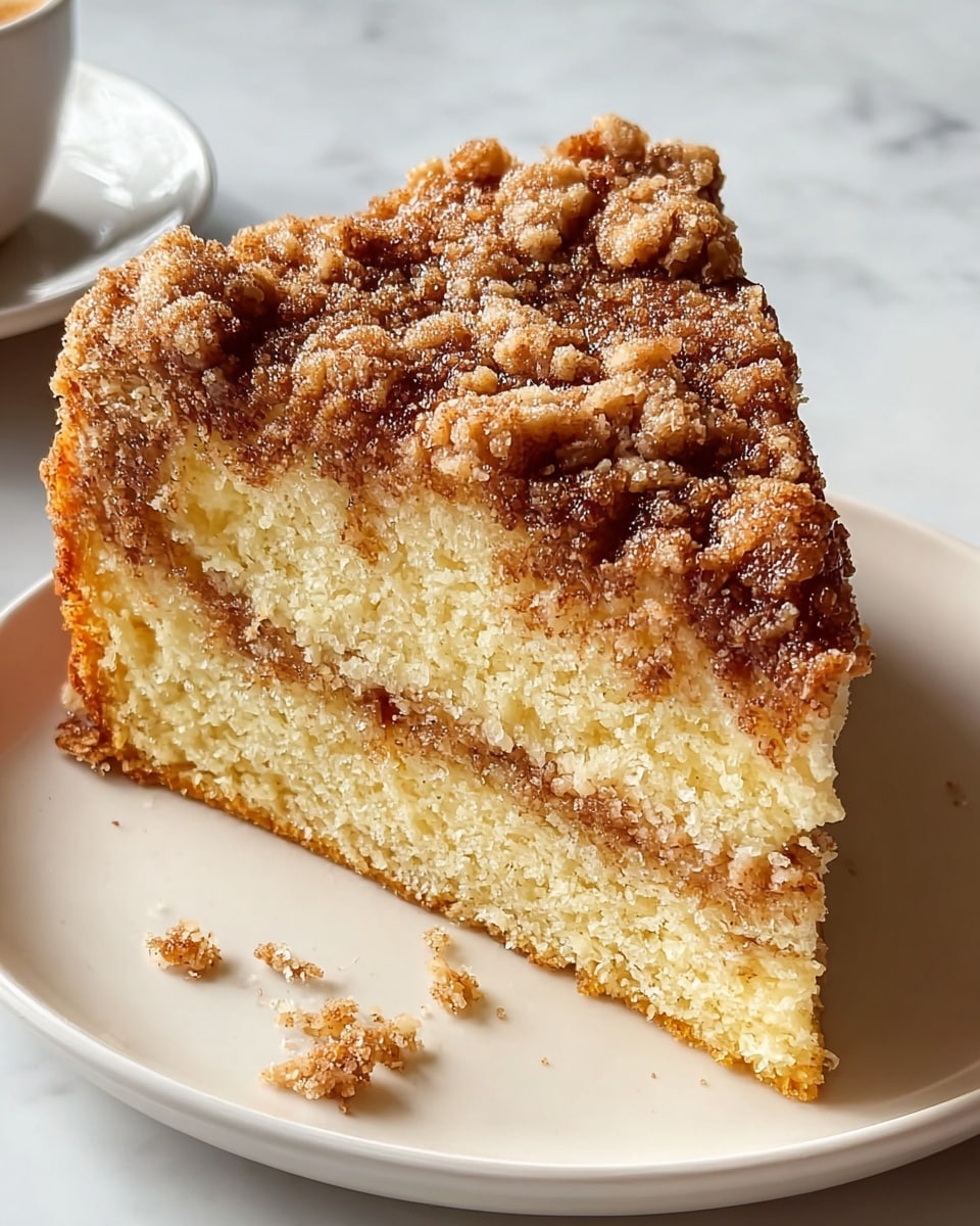 A slice of crumb coffee cake is shown on a white plate with a white marbled background. The cake has two main layers: a thick, soft, light yellow sponge base with a moist texture, and a thick crumb topping made of small to medium clumps with a golden brown, cinnamon sugar coating. The crumb top looks crunchy and uneven, covering the entire top and slightly spilling over the edges. A few crumbs are scattered around the plate near the slice. photo taken with an iphone --ar 4:5 --v 7