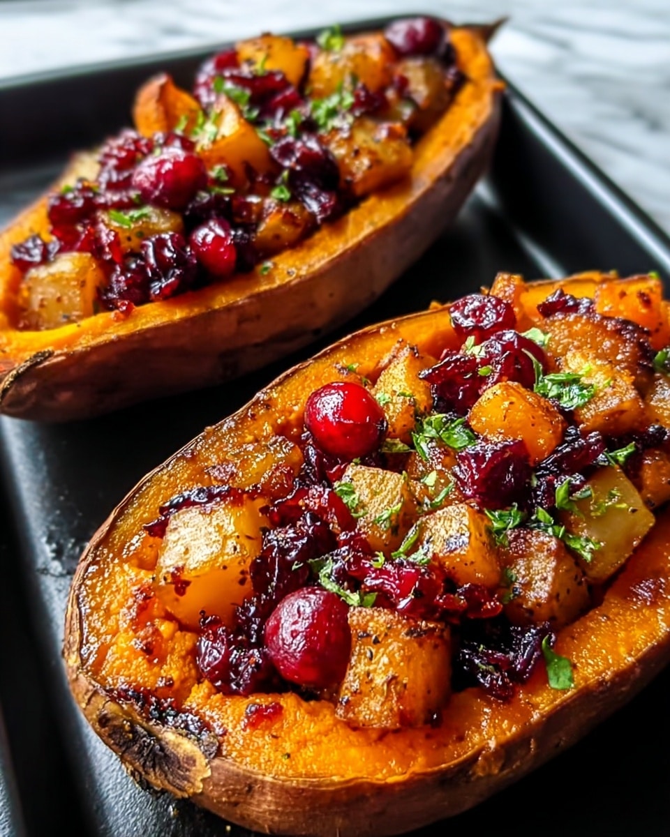 Two roasted sweet potato halves with their orange flesh visible, filled with a mix of small golden brown roasted potato cubes and bright red cranberries. The filling is slightly glossy, showing a cooked texture with bits of green herbs sprinkled on top. The sweet potato skins are dark brown with a rough texture, and the dish sits on a black tray. The background is edited to a white marbled texture. Photo taken with an iphone --ar 4:5 --v 7