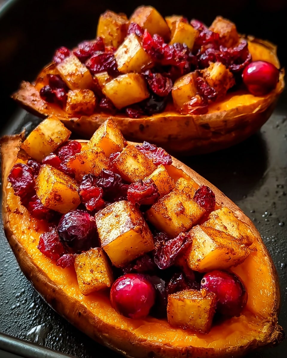 Two baked sweet potato halves sit side by side in a black pan, each filled with a topping of small, golden-brown cubed apples mixed with bright red cranberries. The sweet potato flesh is soft and bright orange, with a slightly crispy, darker edge around the skin. The apple cubes are caramelized with a touch of cinnamon or spice, adding a warm, textured contrast against the smooth sweetness of the potatoes. The cranberries bring a shiny, juicy pop of deep red color scattered across the top, enhancing the rich fall tones of the dish. photo taken with an iphone --ar 4:5 --v 7