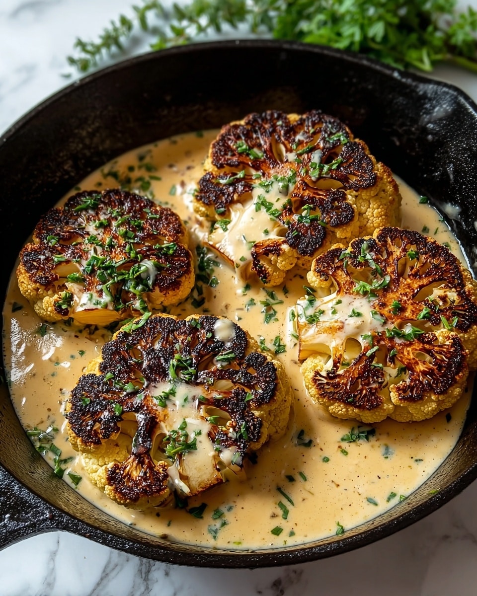 The image shows four thick cauliflower slices with a dark brown charred pattern on their golden surface, sitting in a black cast iron pan. The cauliflower is covered unevenly with a creamy light beige sauce that pools around the slices. Small green herb pieces are scattered on top of the cauliflower and sauce, adding a fresh contrast in color. The pan rests on a white marbled surface with green herbs placed on the top left corner of the frame. photo taken with an iphone --ar 4:5 --v 7