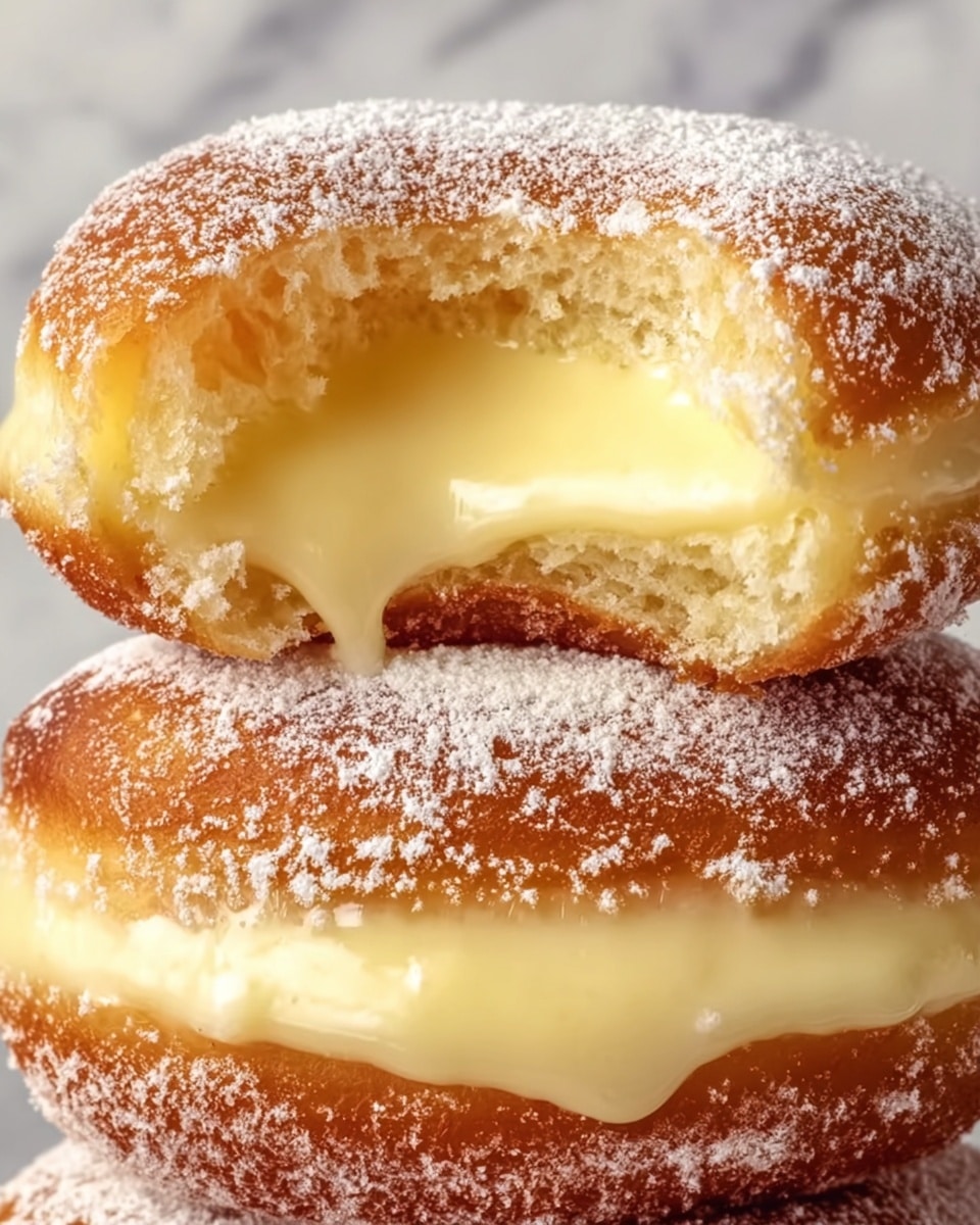The image shows a close-up of two golden brown doughnuts stacked on top of each other, both filled with creamy, smooth light yellow custard that oozes slightly from the middle. The doughnuts have a soft, fluffy texture with the top one having a bite taken out, revealing the thick custard inside. Both doughnuts are dusted lightly with white powdered sugar, giving a soft, snowy effect on the top and sides. The background is clearly a white marbled texture, enhancing the warm colors of the doughnuts. Photo taken with an iphone --ar 4:5 --v 7