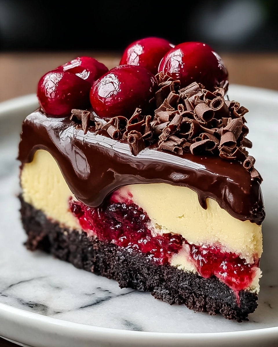 A slice of cake with four layers is shown on a white plate with a white marbled texture beneath it. The bottom layer is dark and crumbly chocolate crust. Above it is a creamy light yellow cheesecake layer that looks smooth and thick. The third layer is a bright red cherry filling that looks juicy and slightly chunky. The top layer is glossy dark chocolate ganache, dripping slightly over the edges, decorated with three shiny whole cherries and a pile of curled dark chocolate shavings. Photo taken with an iphone --ar 4:5 --v 7