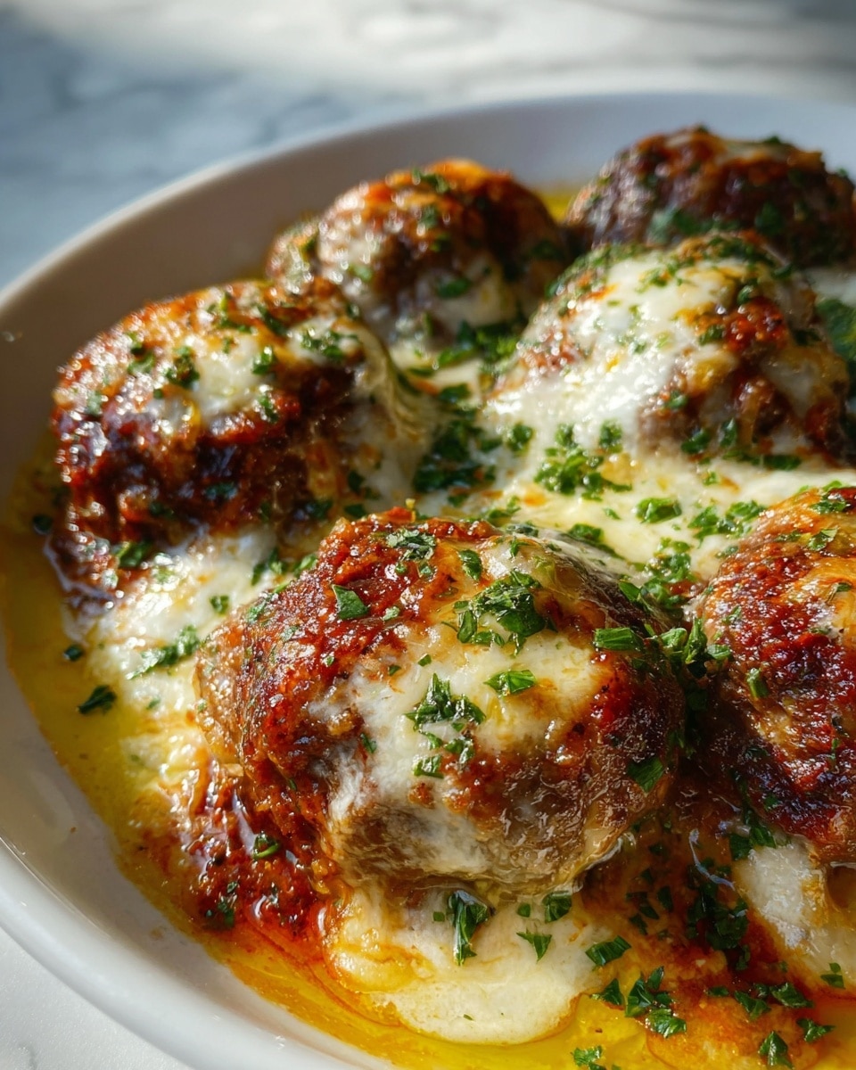 The dish shows several round meatballs with a crispy, browned outside layer, covered in a thick layer of melted white cheese that has browned in spots and looks gooey and rich. The cheese is sprinkled with finely chopped green herbs, adding a fresh contrast. The meatballs sit in a shallow layer of a golden, oily sauce that pools around the base, making the dish look juicy and flavorful. All of this is served on a white plate, placed on a surface with a white marbled texture. The photo focuses closely on the meatballs, capturing their texture and shine in natural light. photo taken with an iphone --ar 4:5 --v 7