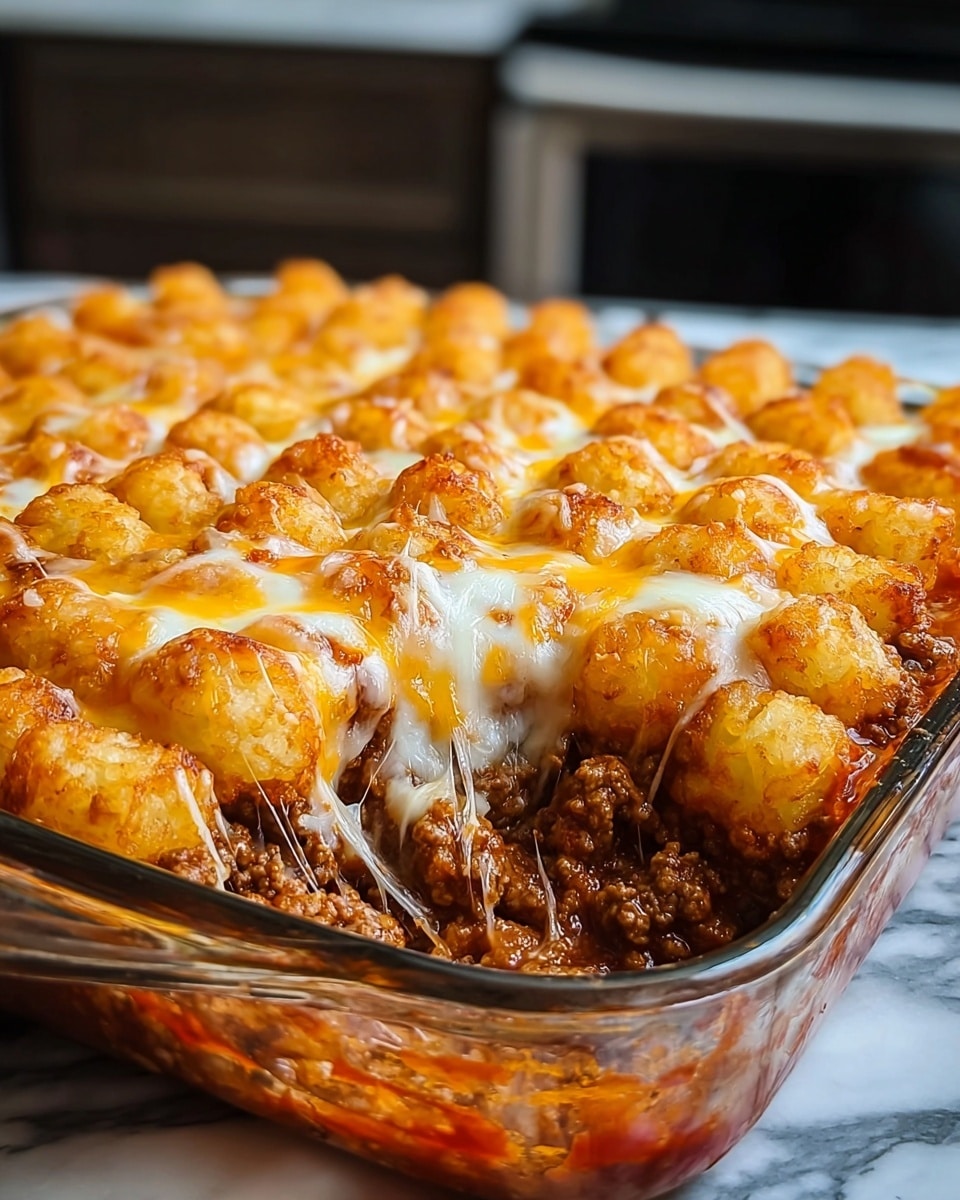 A close-up of a three-layer dish in a clear glass baking dish showing a bottom layer of browned ground meat in red sauce, a middle layer of melted cheese stretching down the sides, and a top layer of golden-brown crispy tater tots evenly covering the surface, with some cheese melting on them. The dish rests on a white marbled surface, with a blurred kitchen background. photo taken with an iphone --ar 4:5 --v 7