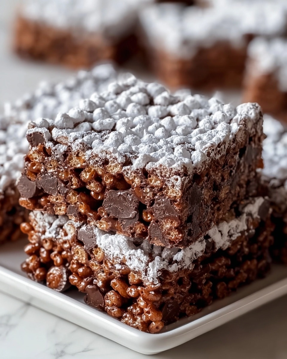 The image shows two stacked square rice crispy treats clear on a white plate, placed on a white marbled surface. Each treat has visible golden brown puffed rice cereal mixed with melted chocolate chips that are glossy and slightly melted inside. The top of each treat is dusted with a layer of fine white powdered sugar, which creates a soft textured look on the chocolatey surface. The rice crispy texture and chocolate pieces are clearly visible on the sides, giving a crunchy and gooey contrast in each treat. Photo taken with an iphone --ar 4:5 --v 7