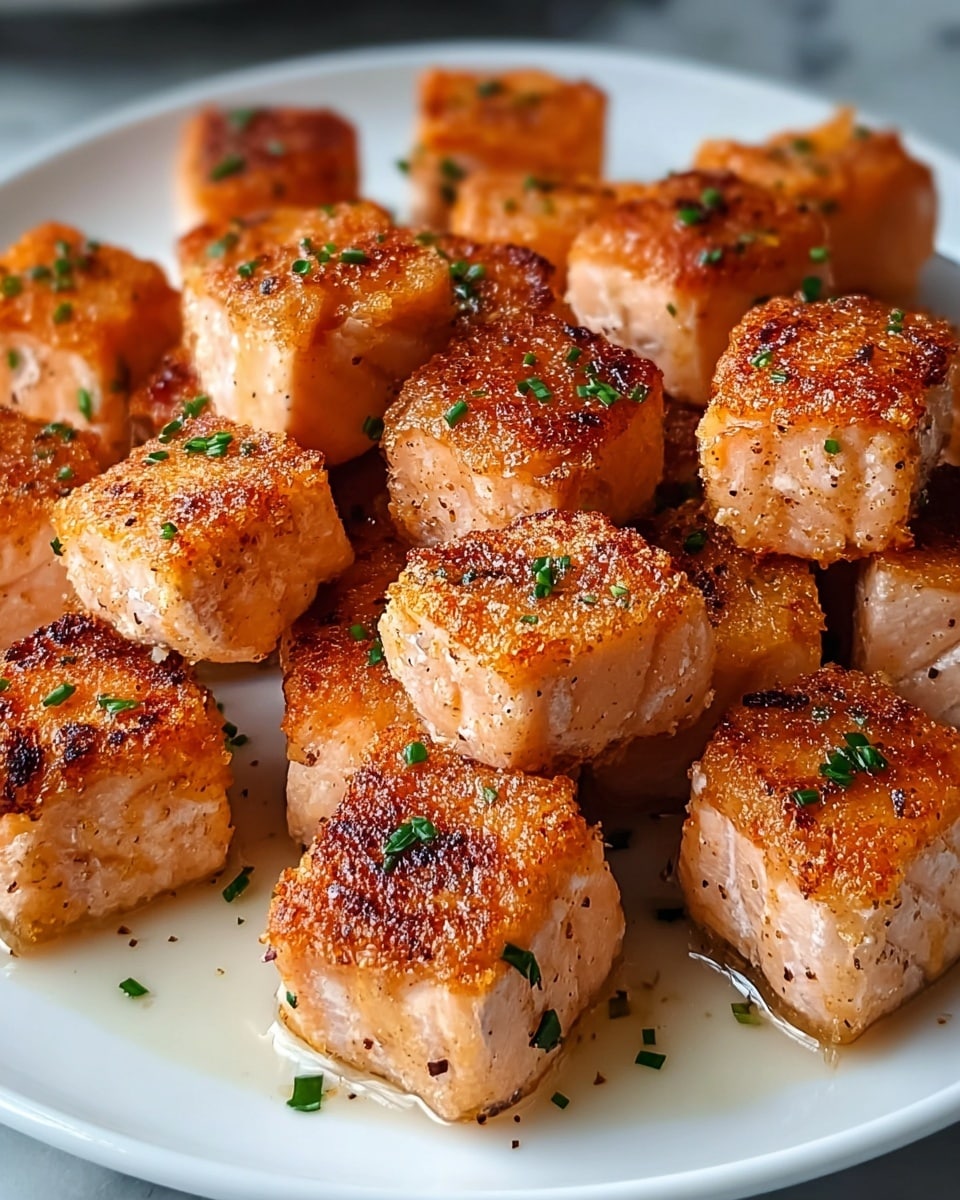 This image shows a white square plate filled with about three layers of golden-brown battered salmon cubes. Each cube has a crispy, textured crust on the outside with a light orange-pink salmon color visible underneath. On top of every salmon cube, there is a dollop of light tan creamy sauce drizzled with small green herb pieces, and some sauce droplets on the plate add a glossy effect. The background has a soft focus with warm, neutral tones, and the plate is resting on a white marbled surface. photo taken with an iphone --ar 4:5 --v 7