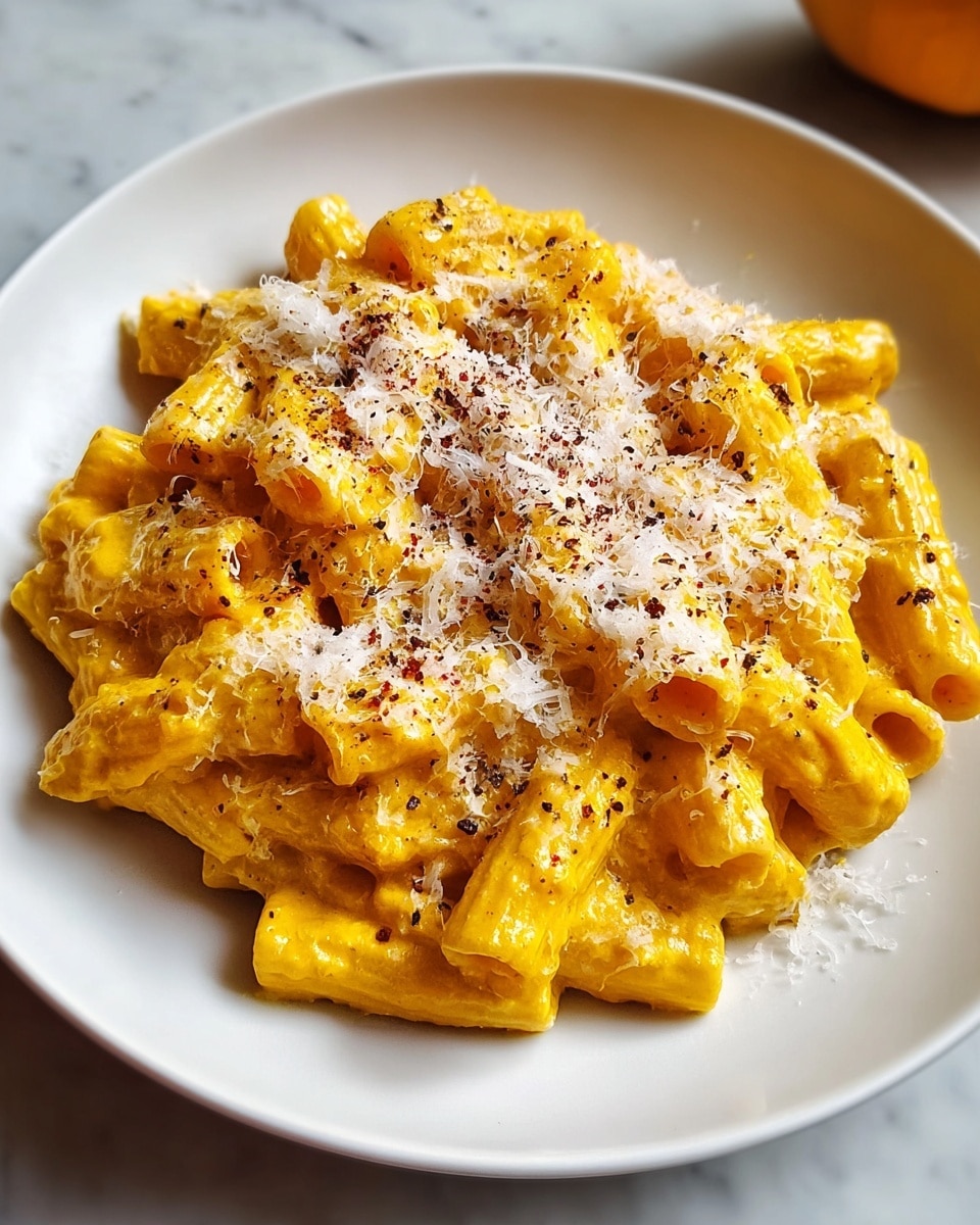 The image shows a close-up of a bowl of rigatoni pasta coated in a creamy orange sauce, looking rich and smooth. On top of the pasta, there is a generous layer of finely grated white cheese sprinkled evenly, with a light dusting of black pepper giving a textured contrast. The pasta pieces are tubular with ridges, and the sauce clings nicely to each piece, creating a glossy, creamy appearance. The bowl is white, and the background has a soft focus with a white marbled surface partially visible. photo taken with an iphone --ar 4:5 --v 7