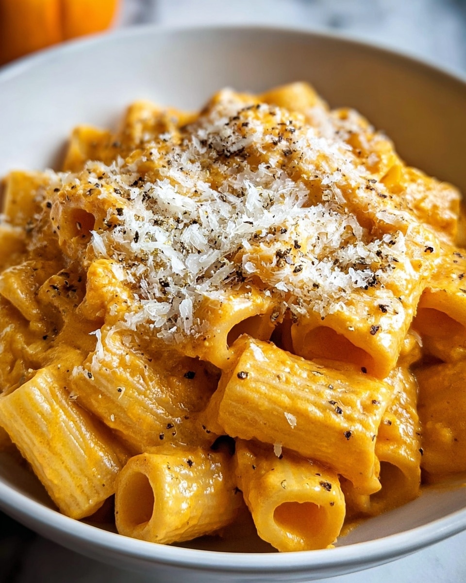 The dish shows short tube pasta covered in a thick creamy yellow-orange sauce, spread evenly across the plate as the first and main layer. On top, there is a generous sprinkle of finely grated white cheese that adds a soft texture and a light color contrast. Scattered black pepper flakes add a speckled, dark texture over the cheese, giving the dish a slight roughness on its surface. The pasta sits on a plain white plate, with the photo taken on a white marbled texture surface in soft natural light, capturing the rich colors and textures closely. Photo taken with an iphone --ar 4:5 --v 7
