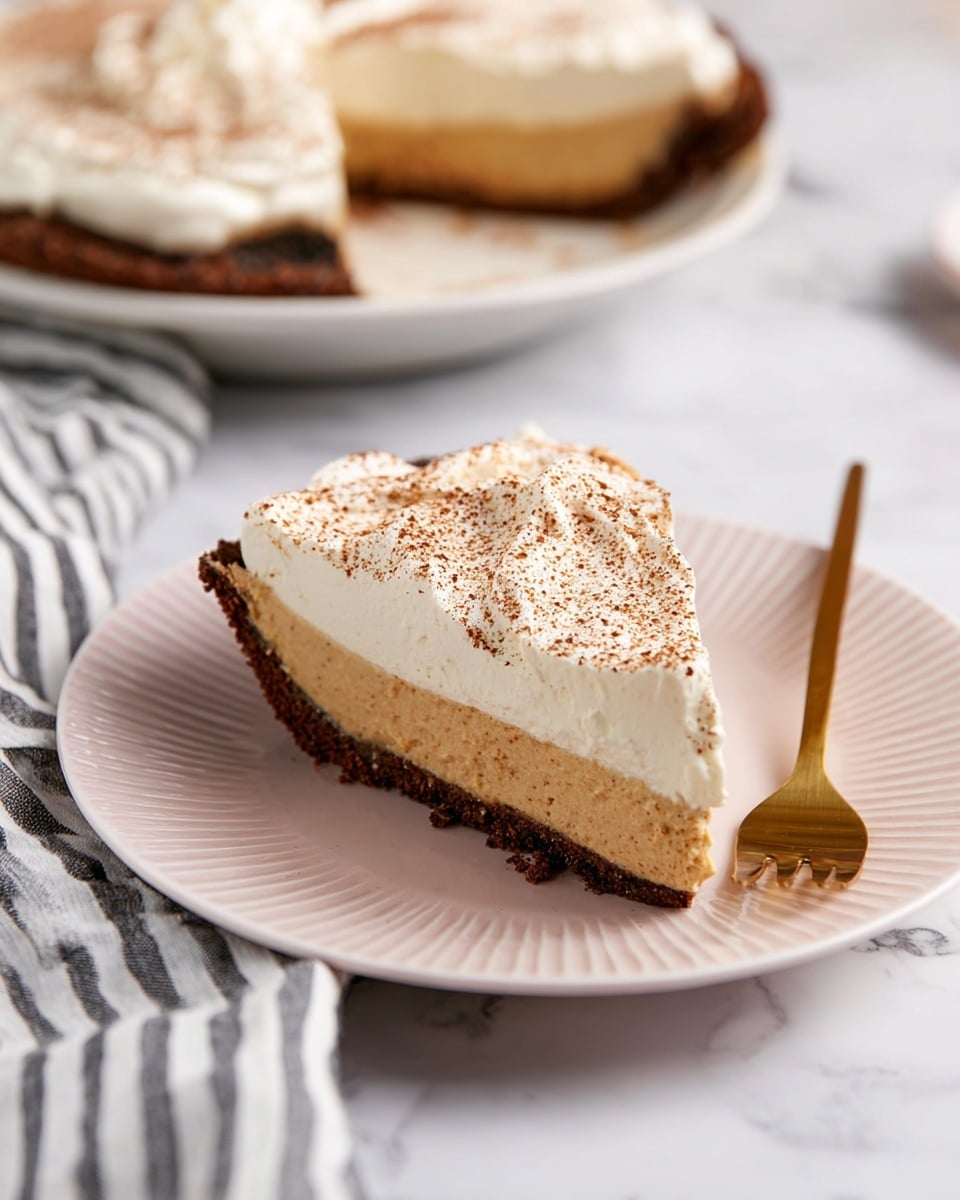 A slice of pie with three layers is on a white plate with ridged edges. The bottom layer is a dark, crumbly crust, the middle layer is thick and light brown with a smooth texture, and the top layer is fluffy white cream sprinkled with fine brown powder. The crust edges are slightly uneven and thick. A shiny gold fork rests next to the slice on the plate. In the background, part of the whole pie with the same layers is visible on a white plate, and a striped cloth is folded nearby. The surface beneath everything has a white marbled texture. Photo taken with an iphone --ar 4:5 --v 7