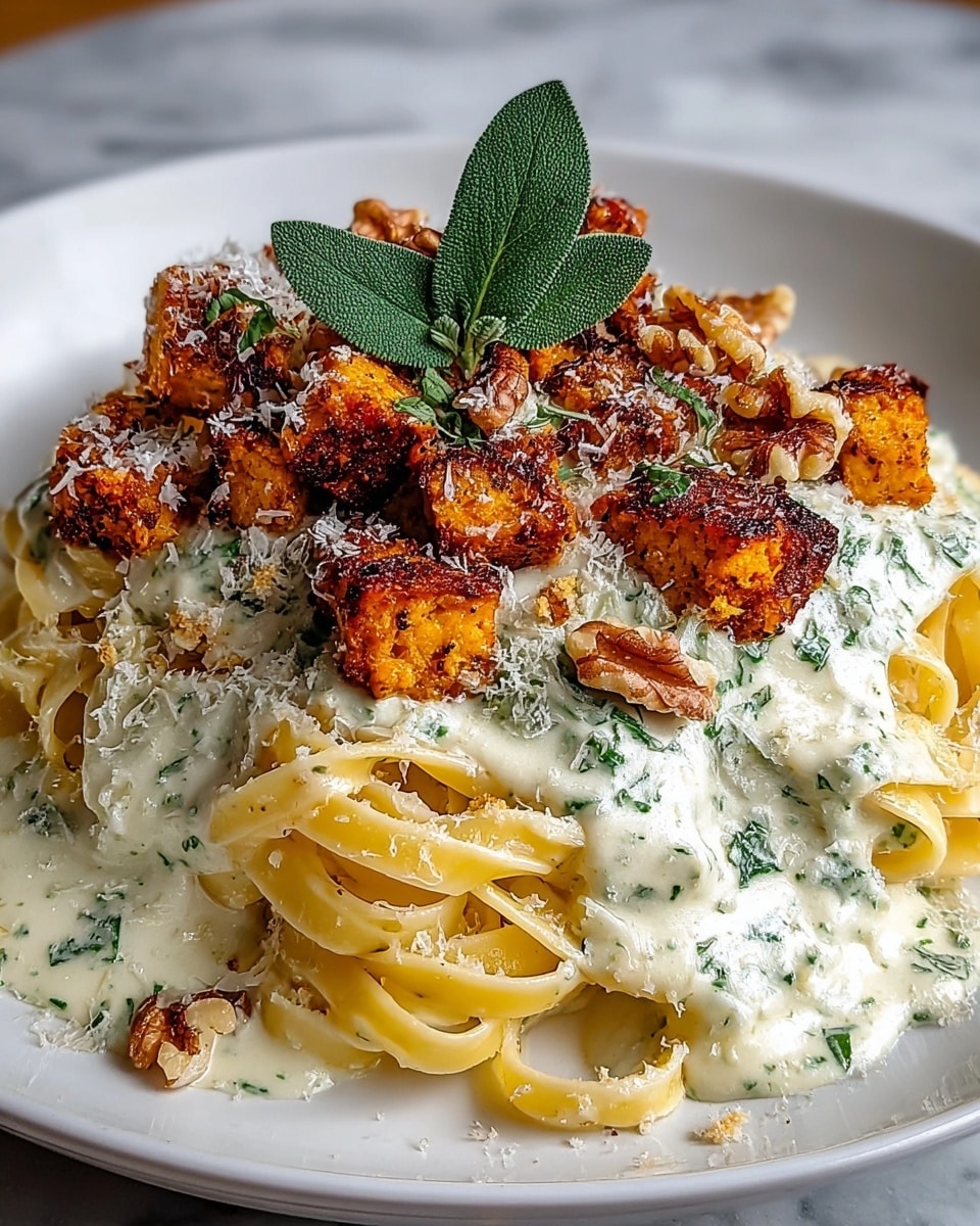 A plate of creamy pasta is shown with three main layers. The bottom layer has light yellow fettuccine noodles twisted in a small pile. Over the noodles is a thick white sauce with green herbs mixed in, spread evenly but with some dripping over the sides. On top, there are browned, crispy cubed pieces with a golden-brown crust, sprinkled with grated cheese and bright green herbs. Small walnut halves and a few fresh sage leaves add texture and color on the top. The dish is on a white plate, set against a white marbled background. photo taken with an iphone --ar 4:5 --v 7