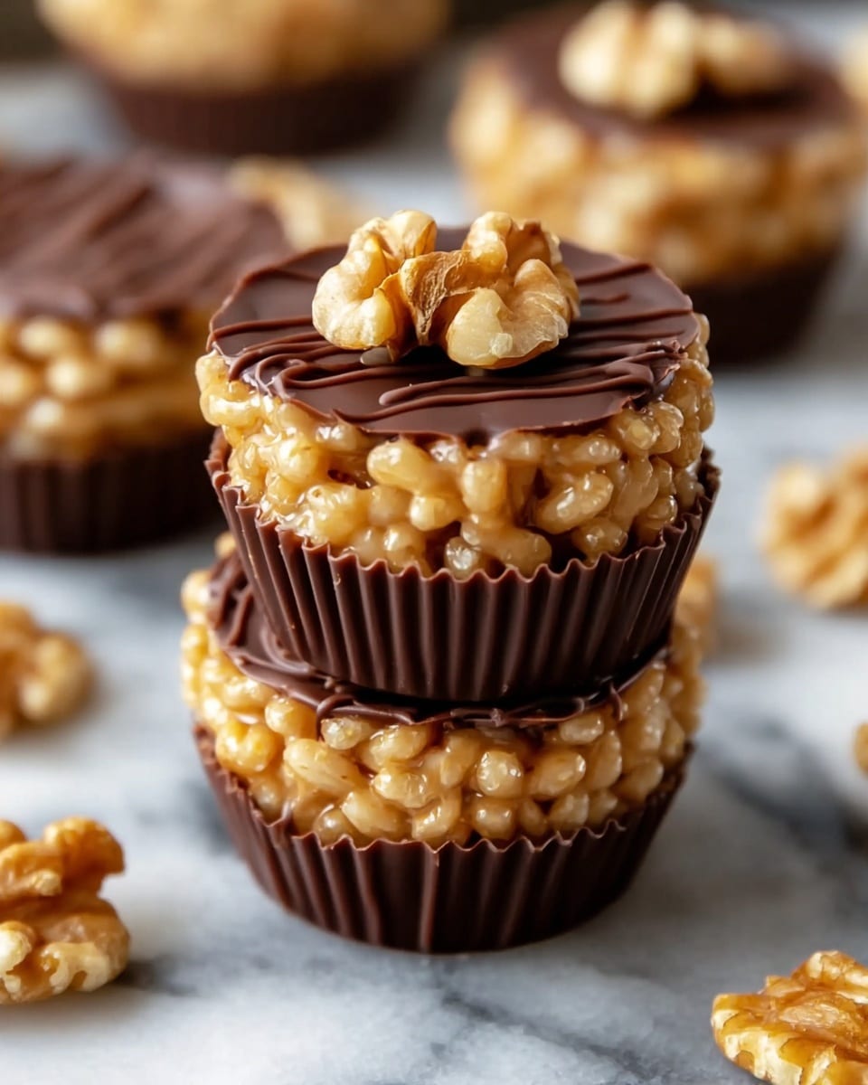 The image shows two small treats stacked on top of each other, each with three layers. The bottom layer is a dark brown, ridged chocolate cup. The middle layer is light brown, glossy puffed rice mixed with a sticky, shiny syrup, filling the cup and slightly overflowing. The top layer is a smooth, thick layer of dark chocolate with a small drizzle pattern and a half walnut placed in the center. The background has additional similar treats scattered around on a white marbled surface, with a few walnut halves also visible. photo taken with an iphone --ar 4:5 --v 7