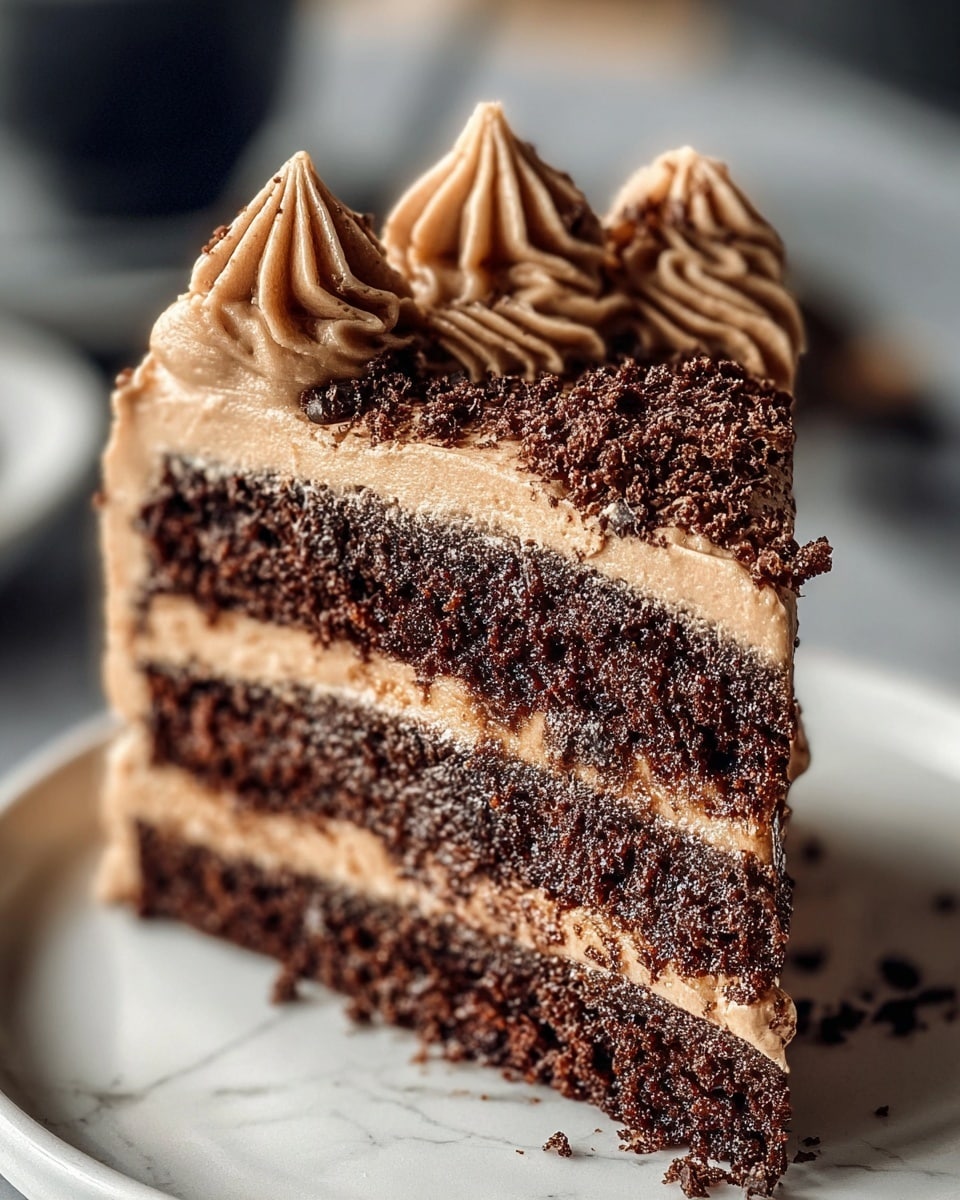 A close-up of a three-layer chocolate cake slice on a white plate with a white marbled texture background, each layer of dark brown chocolate sponge separated by thick light brown chocolate cream frosting, topped with swirls of the same creamy frosting and sprinkled with crumbled chocolate bits, the textures showing moist crumb and smooth cream clearly, with soft natural lighting highlighting the details on the frosting and cake, photo taken with an iphone --ar 4:5 --v 7