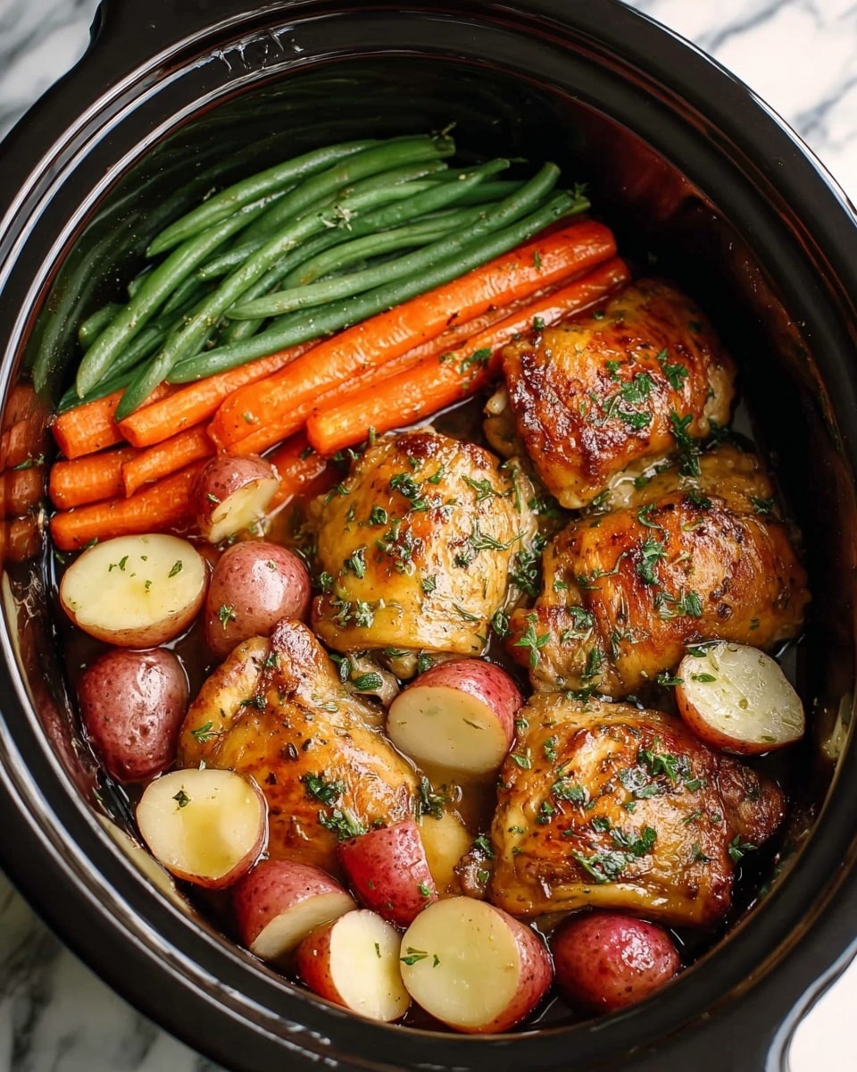 The dish is in a black crockpot filled with four golden brown roasted chicken thighs placed on the right side. Around the chicken thighs, there are small red potatoes, some halved showing their creamy inside. On the left side, a layer of whole cooked orange carrots is aligned in the middle, and next to them on the far left is a neat row of cooked green beans. The chicken and vegetables are garnished with finely chopped green herbs, adding specks of color, and the whole dish sits on a white marbled surface. photo taken with an iphone --ar 4:5 --v 7