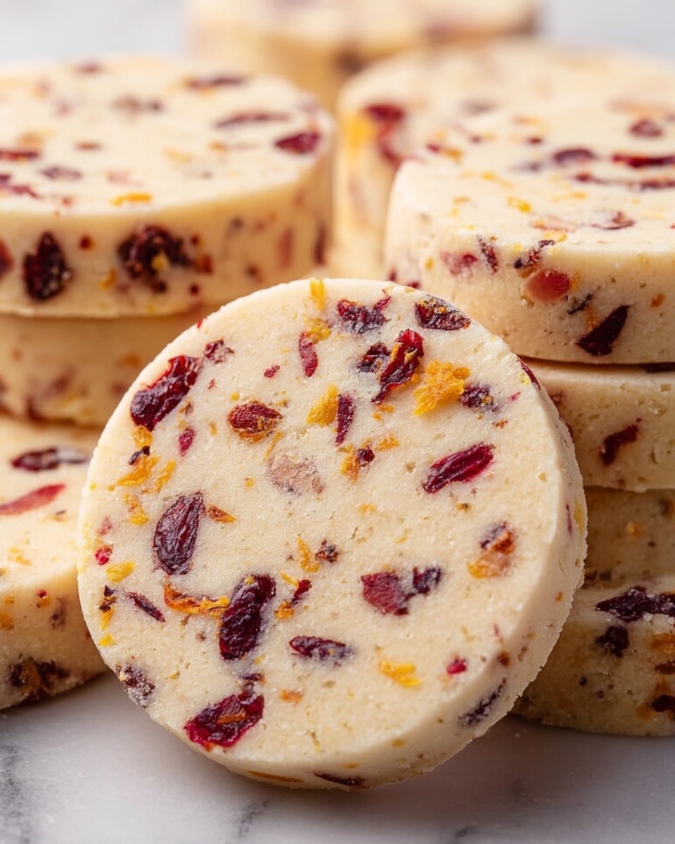 The image shows several round shortbread cookies stacked closely on a white marbled surface, each cookie light beige in color with small pieces of dried red cranberries and tiny specks of orange zest scattered evenly throughout. The cookies have a soft, crumbly texture with slightly rough edges and appear thick and chunky. The dried cranberries add bright pops of deeper red while the orange zest pieces add subtle vibrant orange highlights. The focus is on the front cookie, showing detail in its uneven surface and embedded fruit bits, with the other cookies softly blurred in the background. Photo taken with an iphone --ar 4:5 --v 7