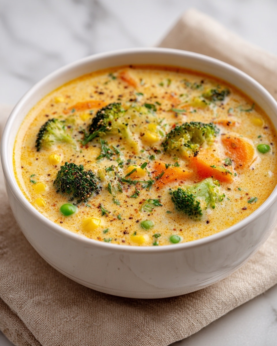 A white bowl filled with a thick creamy soup containing multiple chunky layers: bright orange carrot pieces, green broccoli florets, light yellow potato chunks, yellow corn kernels, and green peas all mixed in a creamy yellow broth. The soup is sprinkled with finely chopped green parsley and cracked black pepper on top. The bowl is placed on a white marbled texture surface with a vintage silver spoon nearby and part of a white cloth visible to the right. There is a white plate with toasted bread in the upper right corner. photo taken with an iphone --ar 4:5 --v 7
