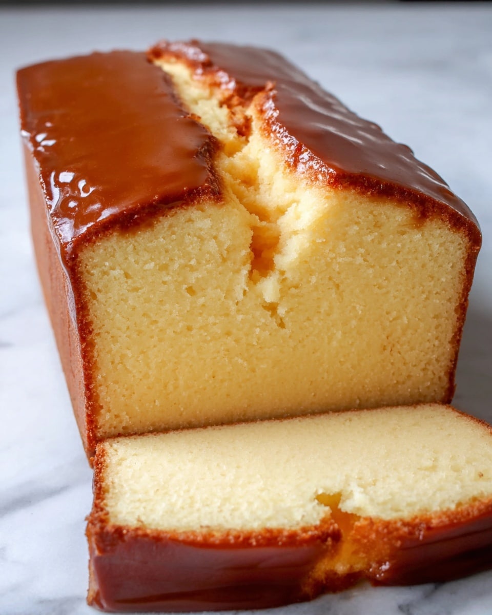A close-up view of a rectangular loaf cake with a smooth, shiny dark brown top layer that has a crack down the middle, revealing a creamy interior. The cake has two main layers: a thin, glossy, dark brown outer crust surrounding a thick, creamy pale yellow inside that looks dense and soft. The sides of the cake show a consistent brown crust encasing the light filling. Two slices are placed on the same white marbled surface in the background, showing the interior texture clearly. Photo taken with an iphone --ar 4:5 --v 7