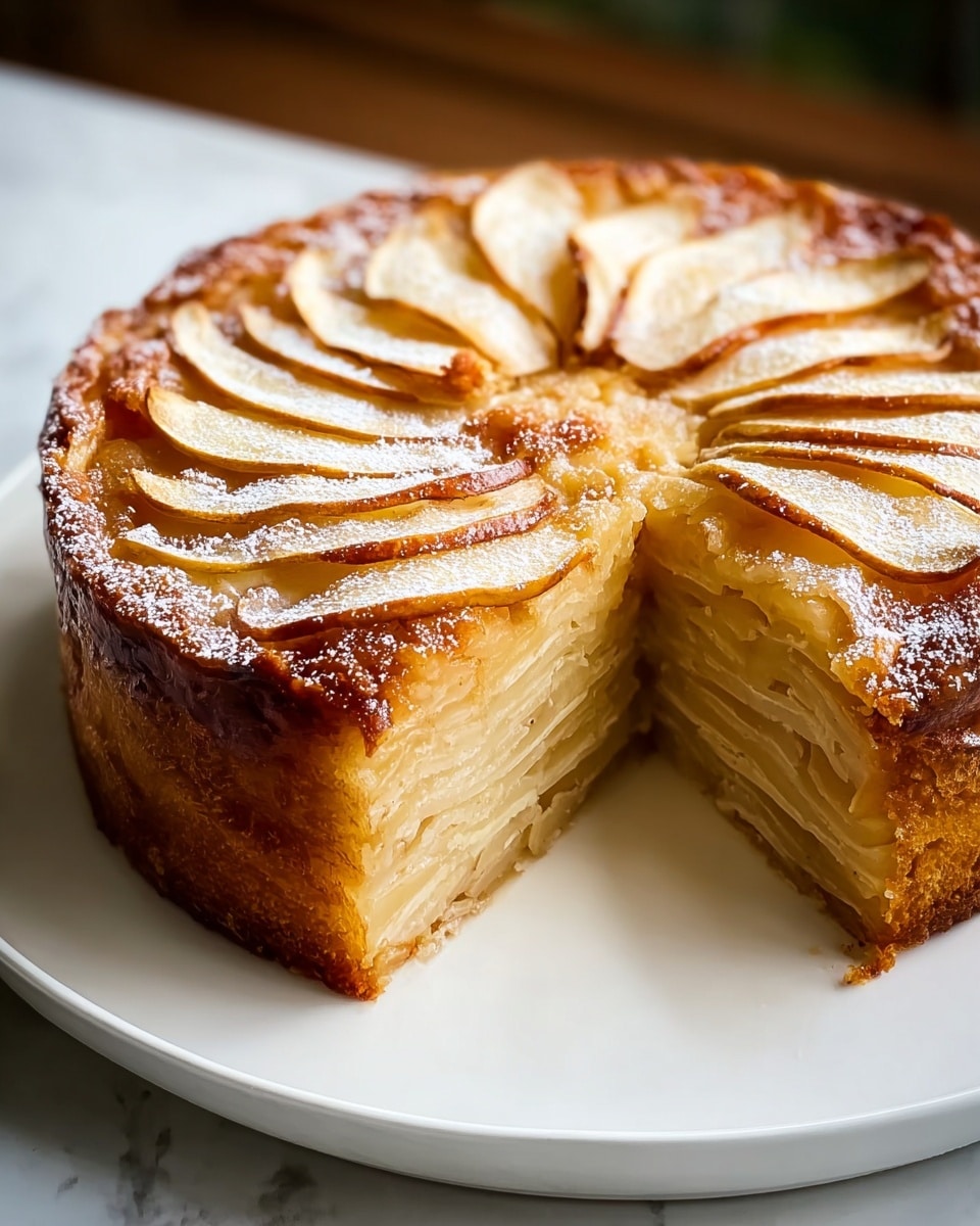 A round layered apple cake with thin slices of apple arranged on top in a slightly overlapping pattern, showing a golden brown caramelized shine with a light dusting of powdered sugar. The inside reveals many thin layers of cooked apple slices stacked tightly, creating a creamy beige and light golden texture. The cake has a thicker, slightly browned crust on the sides and bottom, all sitting on a clean white plate placed on a white marbled texture. The photo taken with an iphone --ar 4:5 --v 7