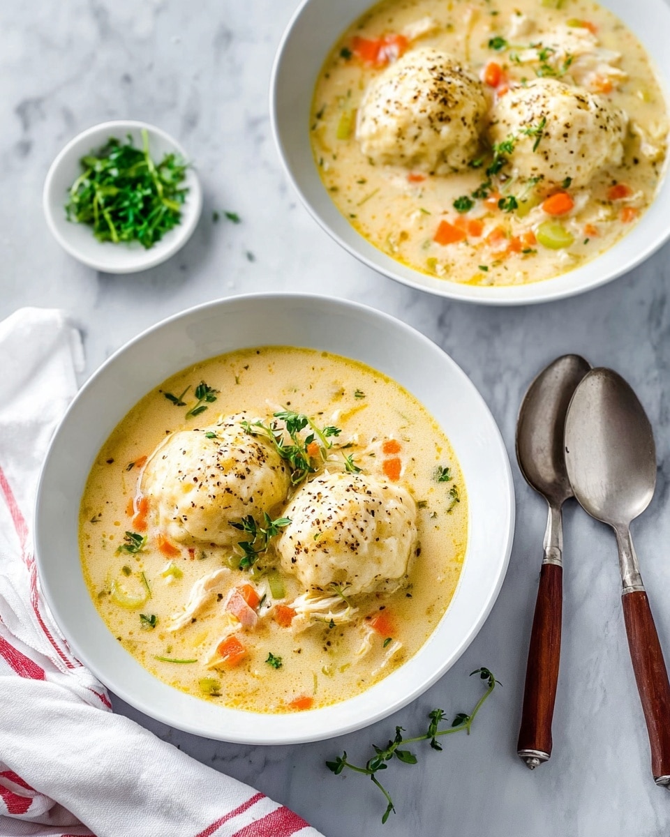 Two white bowls filled with a creamy chicken and vegetable soup are shown on a white marbled surface. Each bowl has three large, round, light beige dumplings floating on top, sprinkled lightly with black pepper and garnished with small green herb leaves. The soup has a pale yellow color with visible thin orange carrot strips, small white pieces of chicken, and bits of green celery throughout. Two silver spoons with wooden handles lie beside the bowls. A small white dish with fresh green herbs and a white towel with red stripes are placed nearby. Photo taken with an iphone --ar 4:5 --v 7