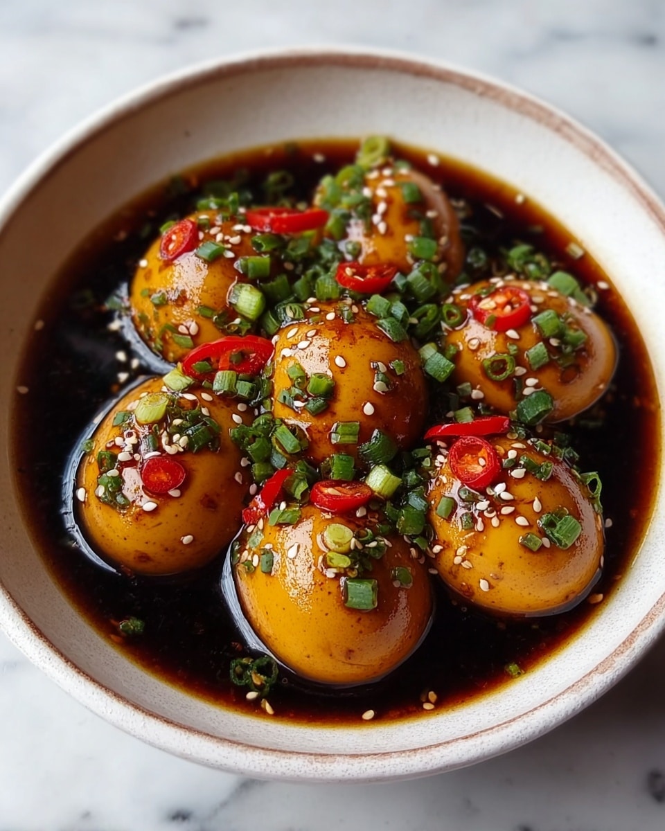The image shows a white bowl filled with seven shiny brown eggs soaked in a dark, rich soy sauce. The eggs are covered with finely chopped green onions and small pieces of bright red chili peppers. White sesame seeds are sprinkled on top, adding texture and a bit of contrast. The sauce looks thick and glossy, partially filling the bowl around the eggs. The bowl is placed on a white marbled surface. photo taken with an iphone --ar 4:5 --v 7