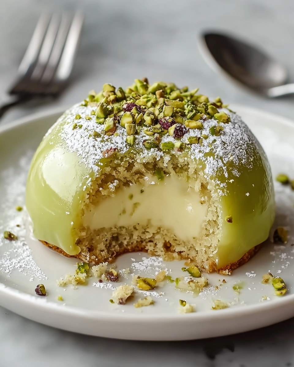 A small round cake with a shiny light green glaze covering the outside is placed on a white plate. The cake has a soft texture and shows an inside layer of smooth pale yellow cream filling, with a thin base layer of crumbly cake at the bottom. The top of the cake is dusted with white powdered sugar and sprinkled with chopped green pistachios. A bite taken from the side reveals the layers and some crumbs on the plate. The plate sits on a white marbled surface with a blurred fork in the background. photo taken with an iphone --ar 4:5 --v 7