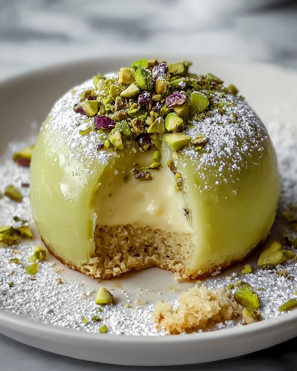 A small round dessert with a smooth, shiny light green outer layer, topped with a light dusting of white powdered sugar and chopped bright green pistachio nuts with purple hints. The dessert is cut open in the front, showing a creamy, pale yellow filling inside, and a crumbly light brown base at the bottom. It sits on a white plate with some powdered sugar around it and a few crumbs and pistachio pieces scattered near the front. The background is a white marbled texture. photo taken with an iphone --ar 4:5 --v 7