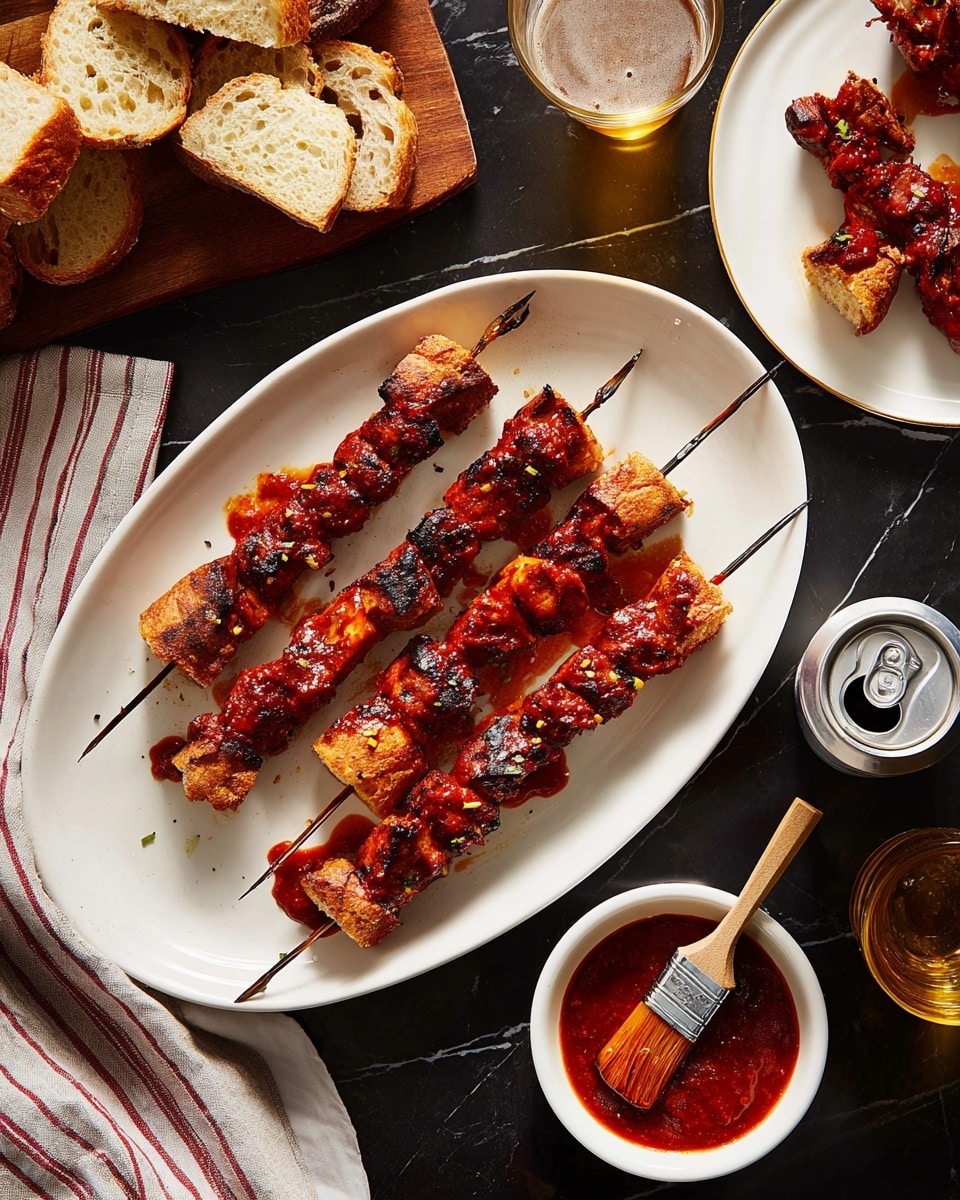 The image shows five skewers of grilled meat coated in shiny red barbecue sauce arranged diagonally on a large white oval plate. Each skewer is threaded through thick, crusty pieces of bread at both ends, with the meat in the center showing charred spots and a glossy texture. The plate sits on a dark table with a white marbled texture underneath. To the right, there is a small white bowl filled with more barbecue sauce and a brush with sauce on its bristles resting on the plate. Near the bowl, there is a glass of beer and an open can of beer. The top right corner has another white plate with one skewer placed on it. In the top left, pieces of bread are stacked on a wooden board. A striped cloth is partially visible in the bottom left corner. Photo taken with an iphone --ar 4:5 --v 7