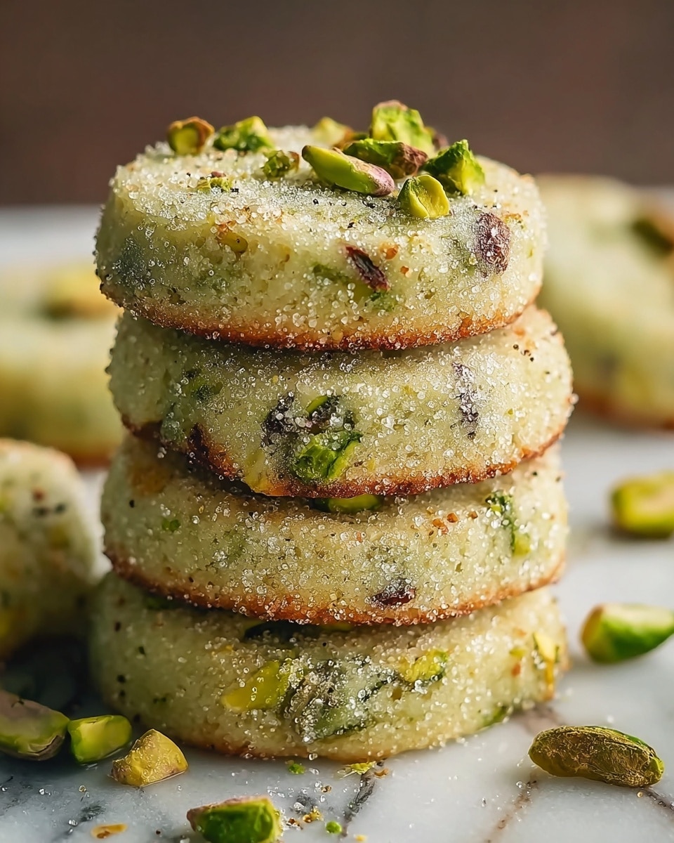 The image shows a stack of four thick, round pistachio cookies, each cookie lightly green with visible bits of pistachio nuts embedded throughout the dough. The cookies have a slightly rough texture with granulated sugar sprinkled on top, creating a sparkling effect. The edges of the cookies show a golden-brown crispness, while the inside remains soft and moist. Small chunks of bright green pistachios are also scattered around the cookies on a white marbled surface. The overall look is rustic and inviting. photo taken with an iphone --ar 4:5 --v 7