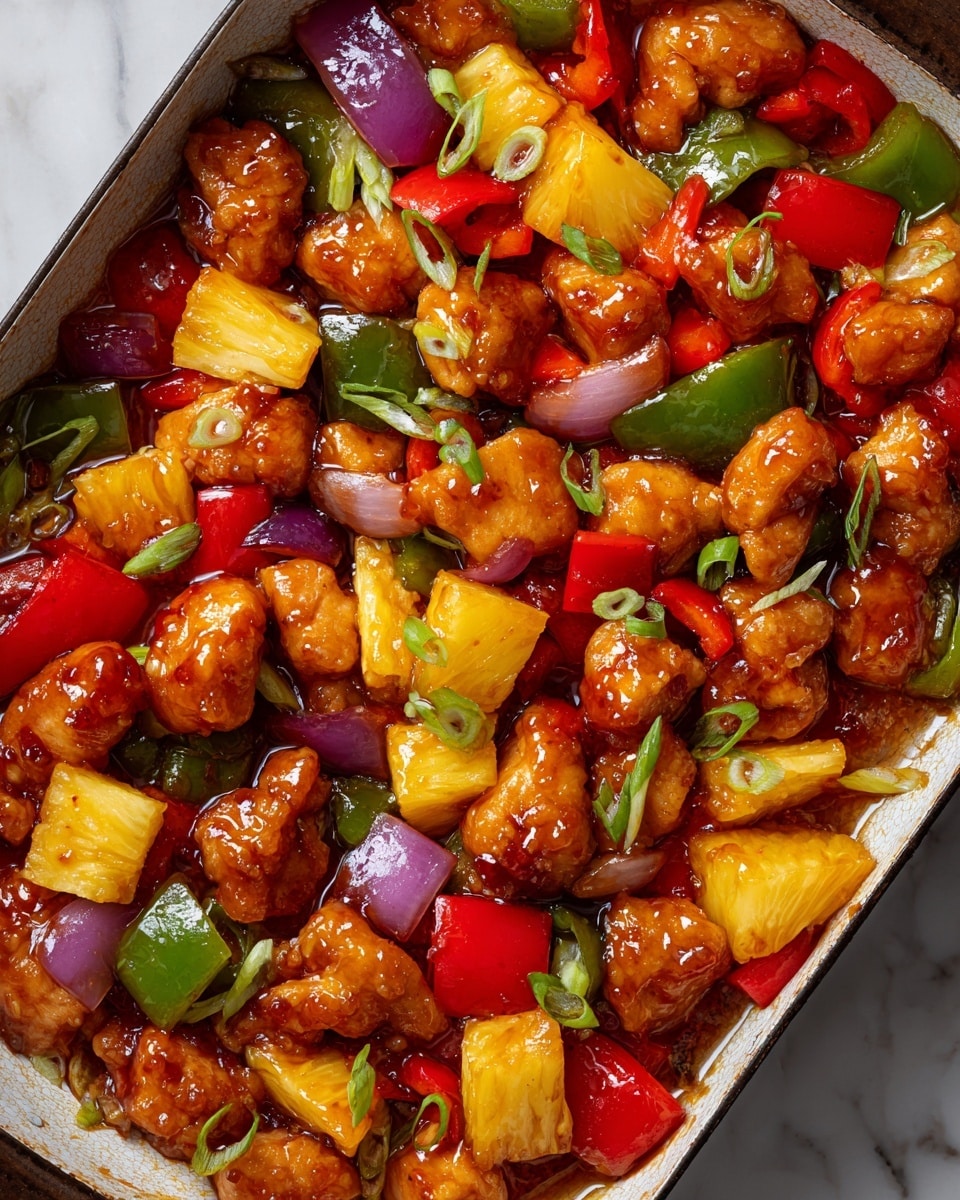 The image shows a close-up of a dish with three main layers mixed together: golden brown chicken pieces with a shiny glaze spread across the pan, chunks of bright yellow pineapple adding a juicy texture, and a mix of colorful red and green bell peppers and purple onion slices that bring a fresh, crisp look. Small green onion rings are sprinkled throughout, adding a pop of green and a delicate texture. The dish is served in a white pan with a shiny, slightly oily coating, all resting on a white marbled surface. photo taken with an iphone --ar 4:5 --v 7