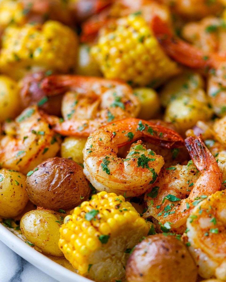The image shows a close-up of a dish with multiple layers of food. The bottom layer has small round golden baby potatoes with slightly rough texture, topped with a layer of bright yellow corn on the cob pieces cut into rounds. The top layer features plump, pink-orange shrimp with a light char and black pepper seasoning. Fresh green herbs are sprinkled over all the layers, adding specks of color. The food is arranged closely packed together on a white plate, with a white marbled surface in the background. photo taken with an iphone --ar 4:5 --v 7