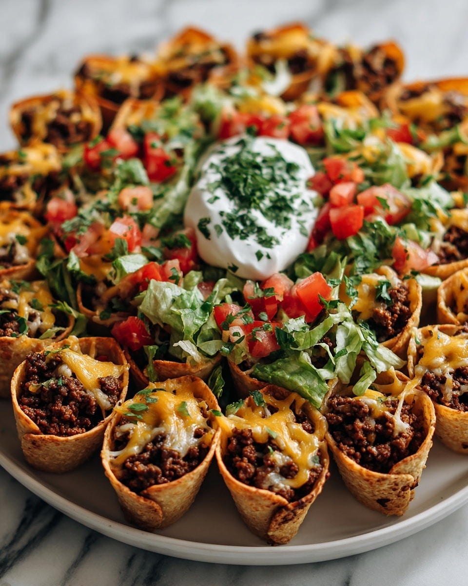 A round white plate holds a ring of about 20 rolled taco shells filled with dark brown ground beef. The top of each shell shows melted cheese in white and yellow colors, with small bits of green lettuce and red diced tomatoes scattered evenly around. In the center of the ring is a dollop of white sour cream topped with chopped fresh green herbs. The tacos are arranged tightly in a circular pattern, creating a textured, colorful display against a white marbled surface. Photo taken with an iphone --ar 4:5 --v 7