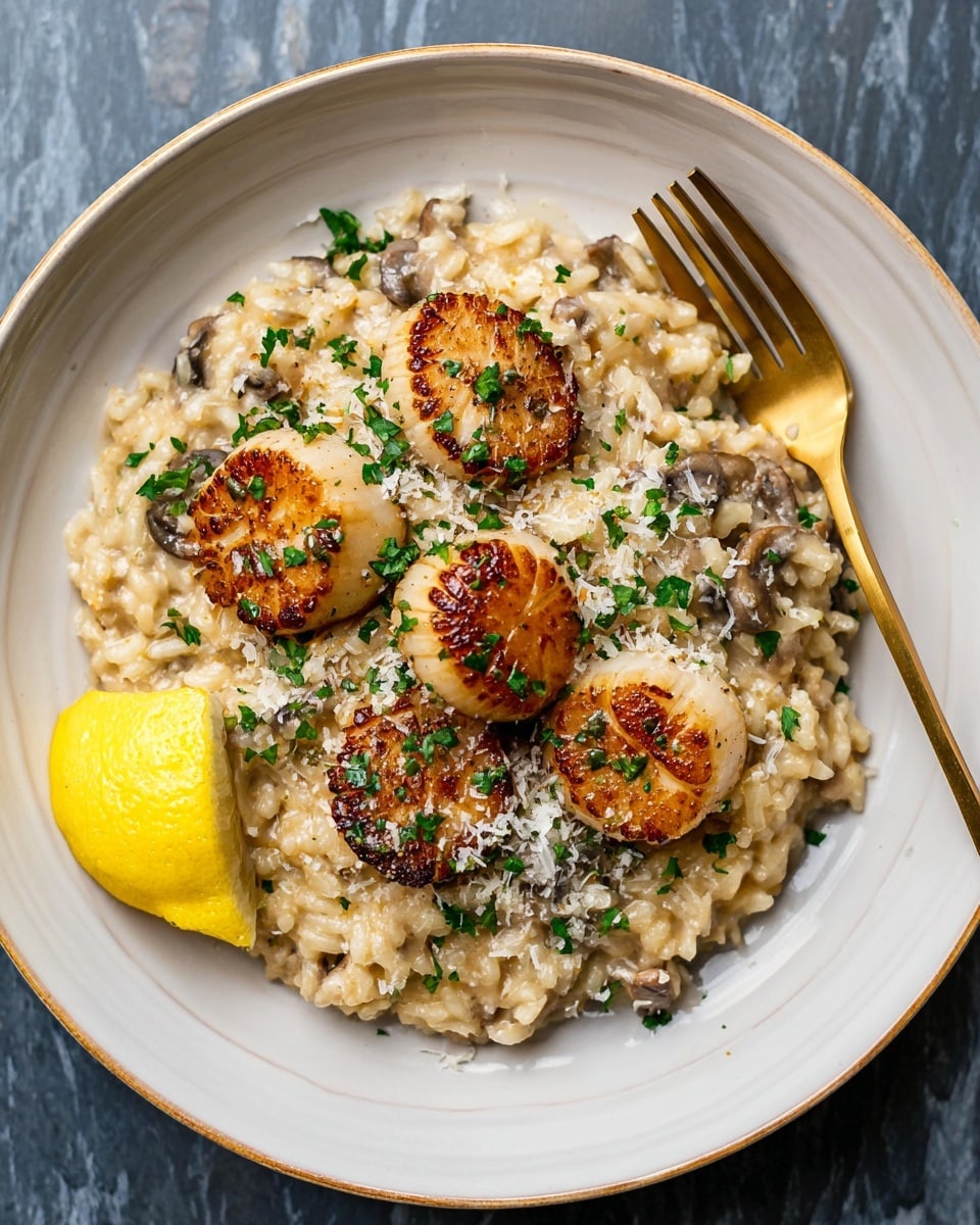 A white round plate holds a creamy mushroom risotto as the bottom layer, showing a soft, light beige texture with visible mushroom pieces mixed throughout. On top are four golden-brown seared scallops arranged in a loose circle, each sprinkled with small green parsley flakes and grated white cheese. A bright yellow lemon wedge rests on the side of the plate. A gold fork rests on the left edge of the plate. The plate is placed on a white marbled surface. photo taken with an iphone --ar 4:5 --v 7