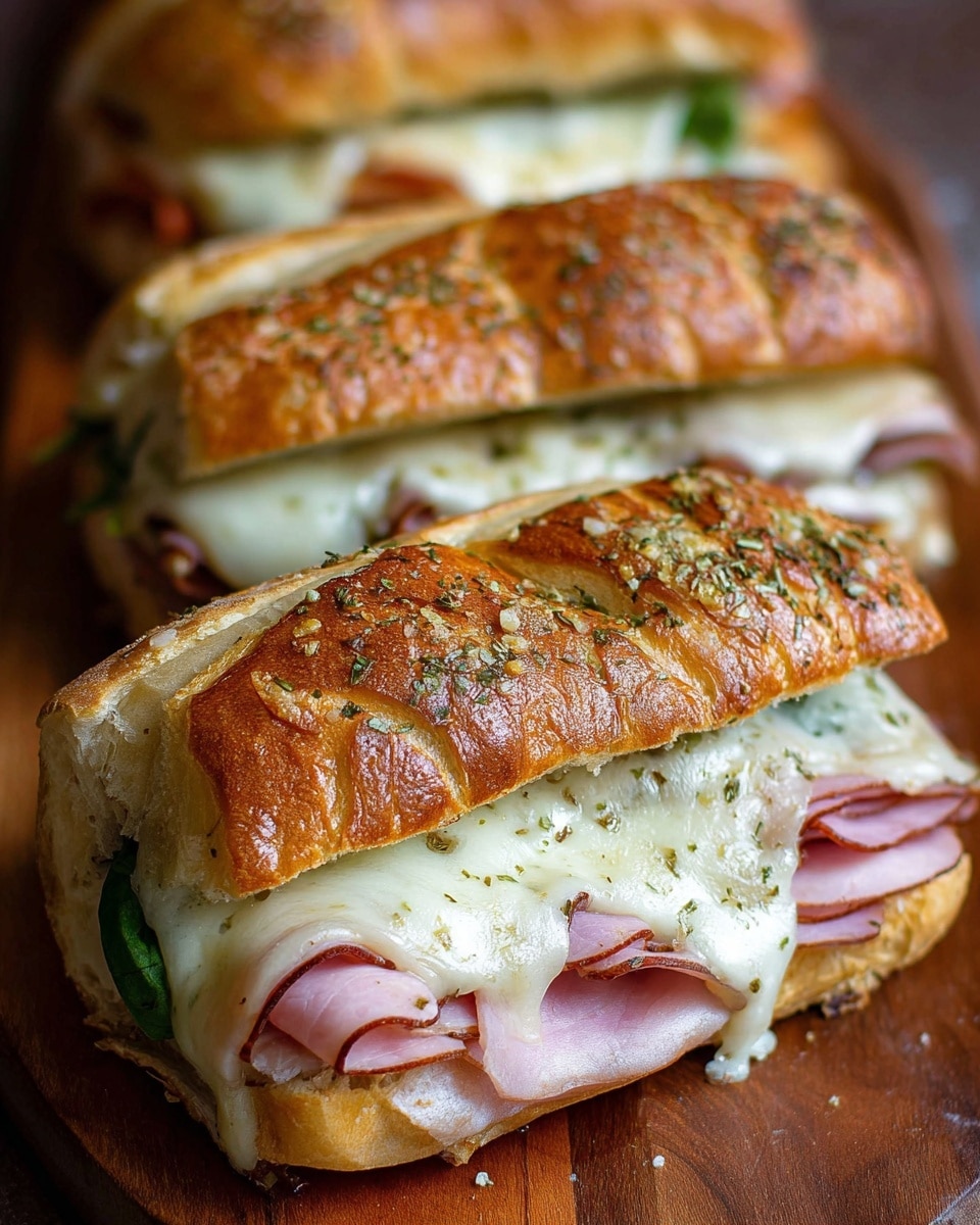 The image shows three sandwiches placed side by side on a wooden board, each with a golden-brown crust bun sprinkled with herbs on top. Each sandwich has at least three visible layers: the bottom layer is a soft white bun, followed by folded slices of pink ham, a layer of melted white cheese that oozes over the sides, and some green spinach leaves visible under the melted cheese in the front sandwich. The sandwiches have a toasted and slightly crispy texture on their tops. The background is blurred to keep the focus on the sandwiches. photo taken with an iphone --ar 4:5 --v 7