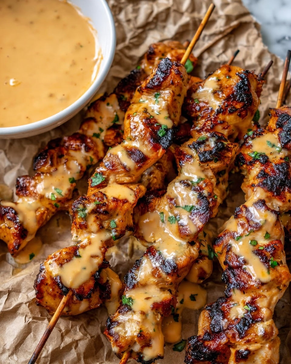 The image shows several grilled chicken skewers stacked close together on a crumpled brown paper, with the chicken pieces cooked to a golden brown with some charred black spots. Each skewer has 4 to 5 pieces of chicken, coated with a creamy light orange sauce that has a slightly thick and smooth texture, drizzled unevenly over the grilled meat. There are small green herb bits sprinkled on top of the chicken. On the left side, part of a white bowl filled with the same light orange sauce is visible. The background is a white marbled texture. photo taken with an iphone --ar 4:5 --v 7