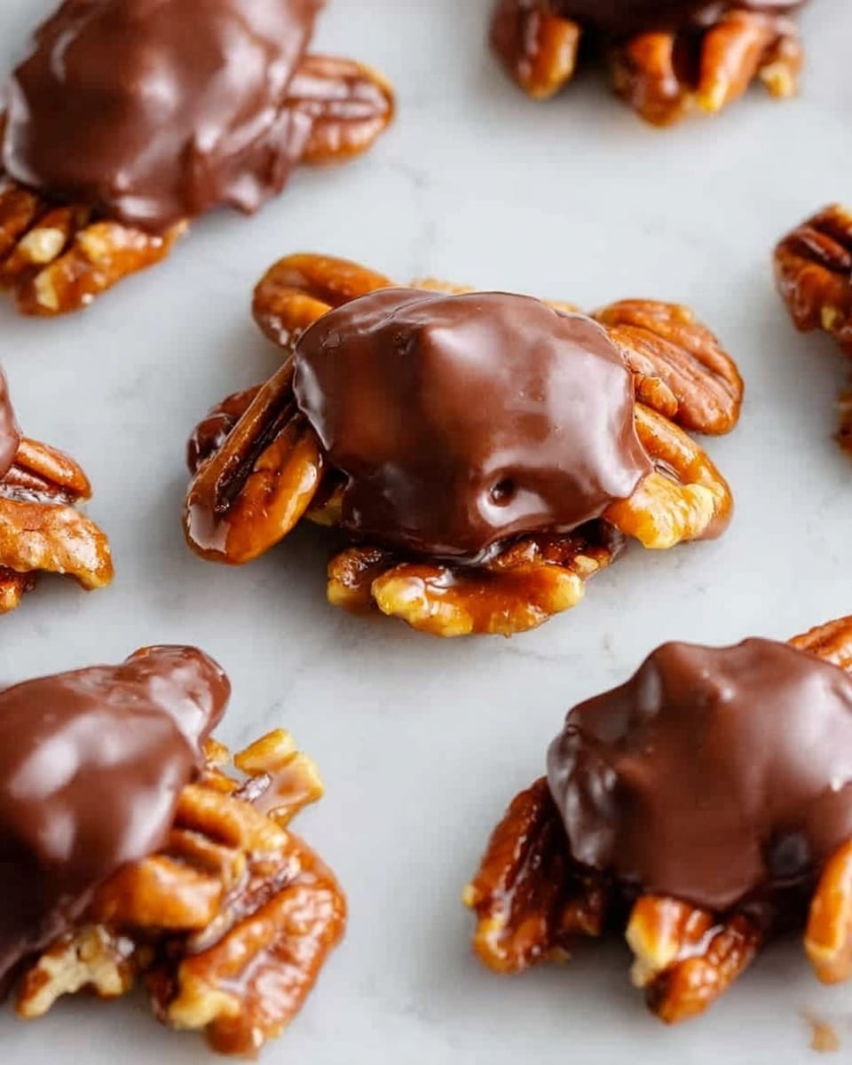The image shows several small clusters of pecans coated with a shiny layer of caramel and topped with a smooth, thick layer of melted milk chocolate, arranged loosely on a white marbled surface. The pecans have a rich golden-brown color and a rough, curved texture, while the chocolate topping is glossy and slightly draped over the nut clusters, creating a layered effect of textured nuts and smooth chocolate. The clusters are spread out evenly, with some overlapping parts. photo taken with an iphone --ar 4:5 --v 7