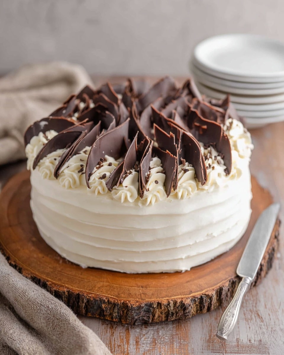 A round cake with smooth white frosting covering the sides in vertical swirls, topped with many long, thin dark chocolate curls arranged in layers that cover the entire top surface. The cake sits on a rustic wooden board, shown from a close angle with a stack of white plates and a cake knife blurred in the background, on a white marbled textured surface. photo taken with an iphone --ar 4:5 --v 7