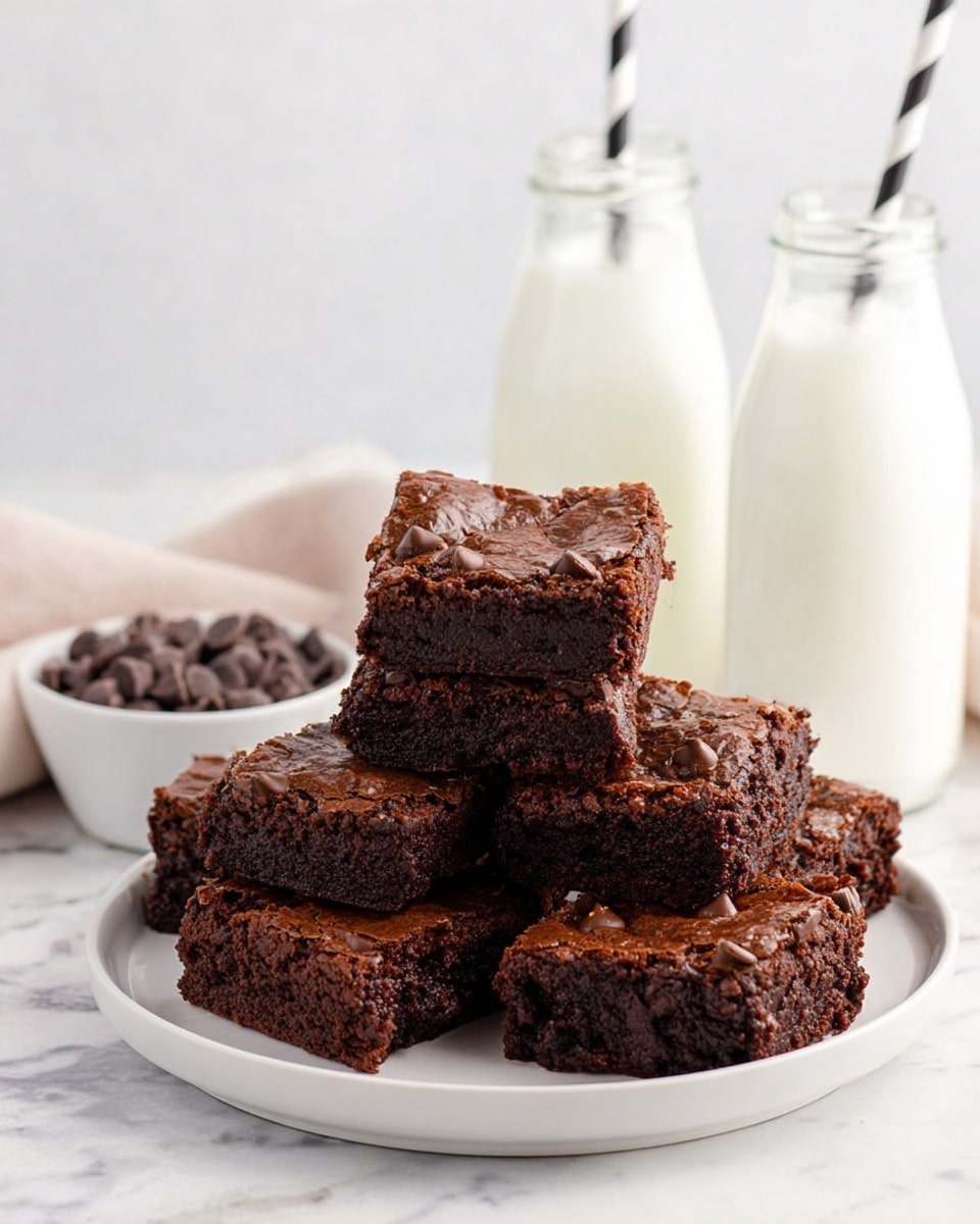 A white plate holds a stack of thick, square brownies arranged in two layers, with the bottom layer supporting five pieces and the top layer three pieces. The brownies are dark brown with a slightly cracked, shiny crust and some visible chocolate chips on the top, giving a rich, textured look. In the background, there are two glass milk bottles filled with white milk, each with a black-and-white striped paper straw. To the left, a small white bowl contains dark brown chocolate chips. The whole scene is set on a white marbled surface with a soft, light background. photo taken with an iphone --ar 4:5 --v 7