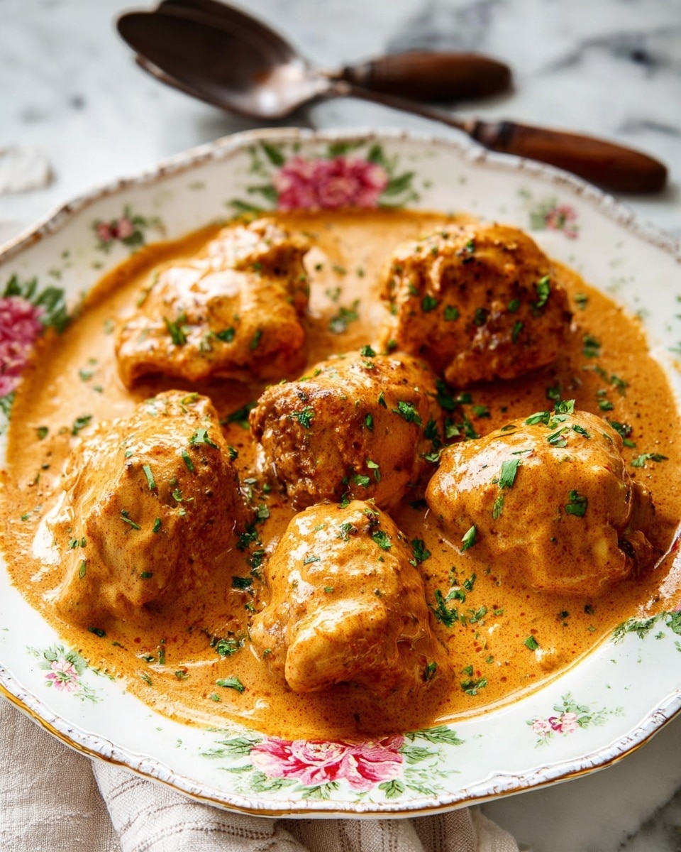 The image shows a white plate with a floral pattern around the edges, filled with seven pieces of chicken covered in thick, creamy orange sauce. The chicken pieces are arranged close to each other and sprinkled lightly with chopped green herbs. The sauce has a smooth texture with some visible spices, coating each chicken piece evenly. The plate is set on a white marbled surface, with two spoons with dark wooden handles placed in the background. photo taken with an iphone --ar 4:5 --v 7