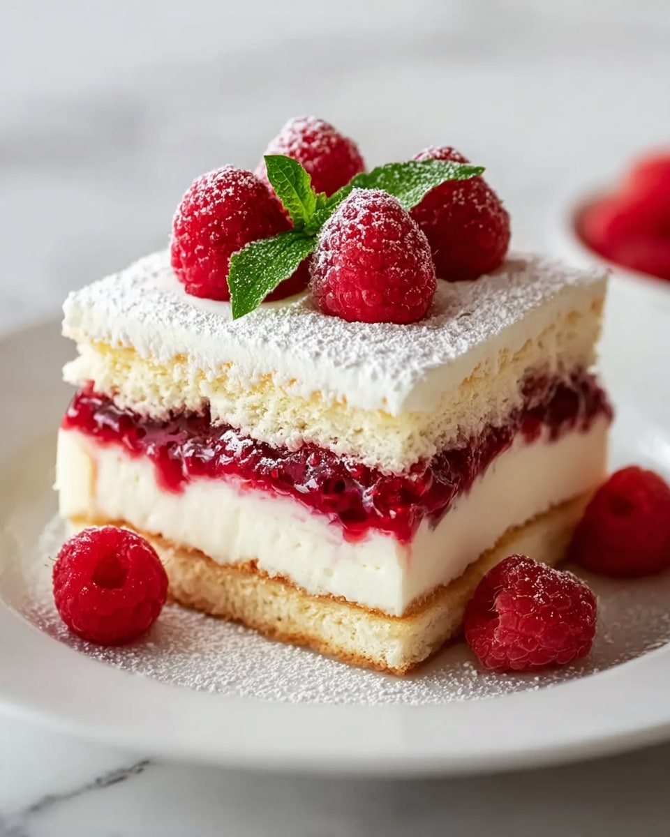 A white plate holds a square three-layer dessert on a white marbled surface. The bottom layer is light beige sponge cake, topped by a thick smooth white cream layer. Above that is a bright red raspberry sauce layer with visible chunks of raspberries, followed by another thick white cream layer. The top sponge cake layer is dusted lightly with powdered sugar and decorated with fresh red raspberries and a single green mint leaf in the center. A few raspberries are placed around the dessert on the plate. Photo taken with an iphone --ar 4:5 --v 7