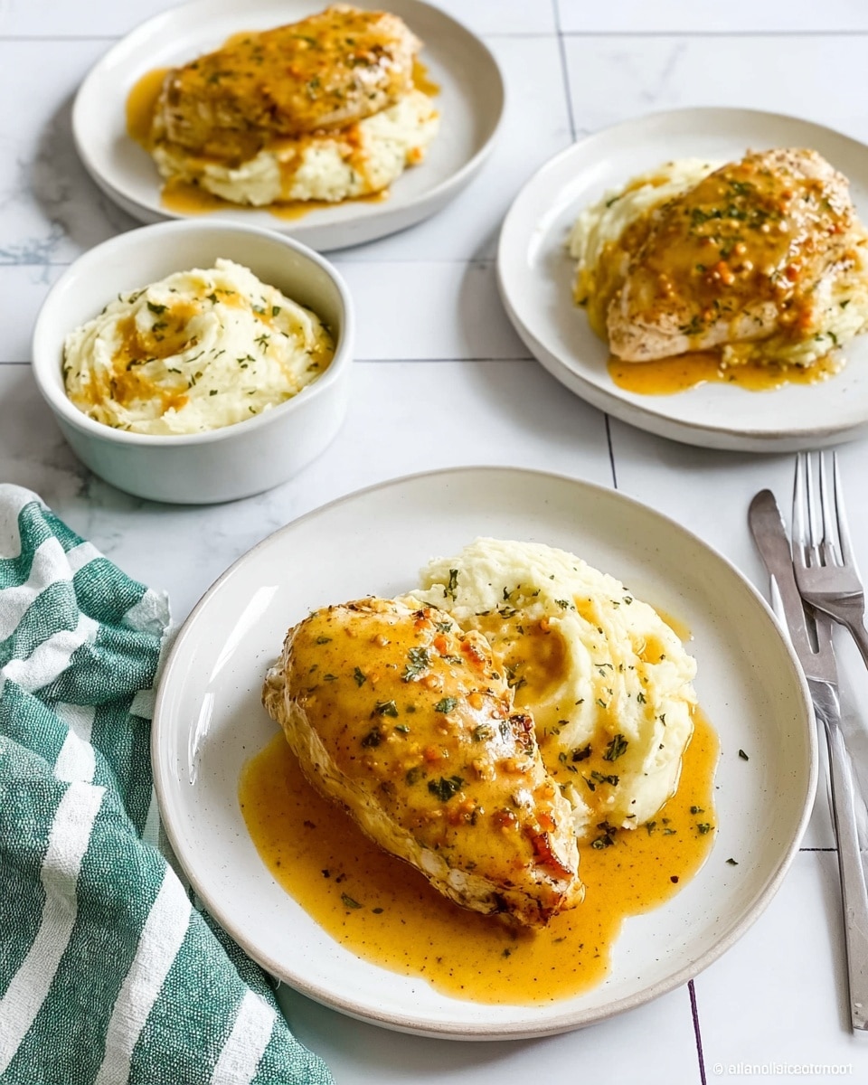 The image shows two main white plates each with a large cooked chicken breast topped with a thick, glossy, yellow-orange sauce with visible herbs and small chunks, spreading slightly around the meat. Behind the plates, there are two small white bowls filled with mashed potatoes, creamy with a swirled texture, also topped with the same sauce and sprinkled lightly with herbs. The white marbled surface is clean, with two forks crossed beside the back plates, and a green and white striped cloth napkin placed on the right side. The background is white tiled in a simple pattern. photo taken with an iphone --ar 4:5 --v 7