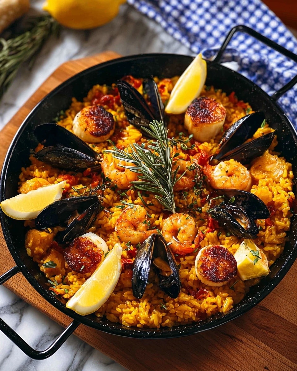A black pan filled with vibrant yellow-orange rice evenly spread as the base layer, mixed with pieces of cooked shrimp and small prawns adding a reddish hue throughout. On top of the rice layer, there are several golden-brown seared scallops with a crispy crust and a rich color. Black mussel shells are scattered in an upright position, providing contrast with their dark, shiny texture. Lemon wedges with bright yellow peel and juicy white flesh are placed around the pan's edges. Fresh rosemary sprigs with green needles sit in the center, adding a natural touch. The pan rests on a wooden board, set against a white marbled surface with a blue checked cloth in the background. photo taken with an iphone --ar 4:5 --v 7