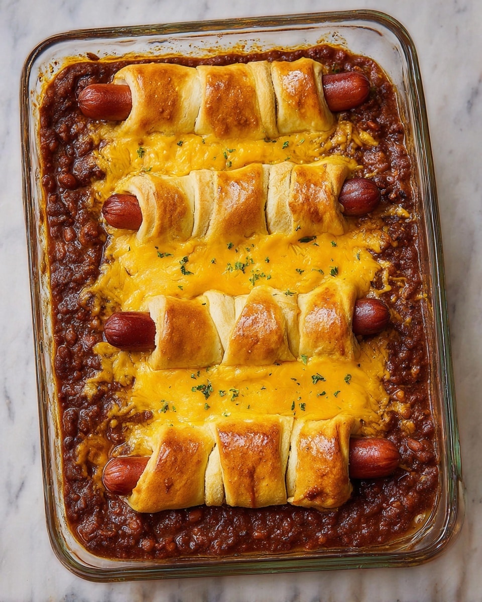 A glass baking dish contains four crescent roll wrapped hot dogs lined up vertically in the center. Each hot dog is partially covered with golden-brown crescent roll dough that looks flaky and baked to a light crisp. Around and between the hot dogs is a melted yellow cheese layer that spreads evenly, slightly bubbling and pooling at the edges. Surrounding the cheese, near the sides of the dish, is a thick, dark brown chili or bean mixture that looks rich and dense with a chunky texture. A few small green herb sprinkles are scattered on top of the cheese and dough. The dish rests on a white marbled surface. photo taken with an iphone --ar 4:5 --v 7