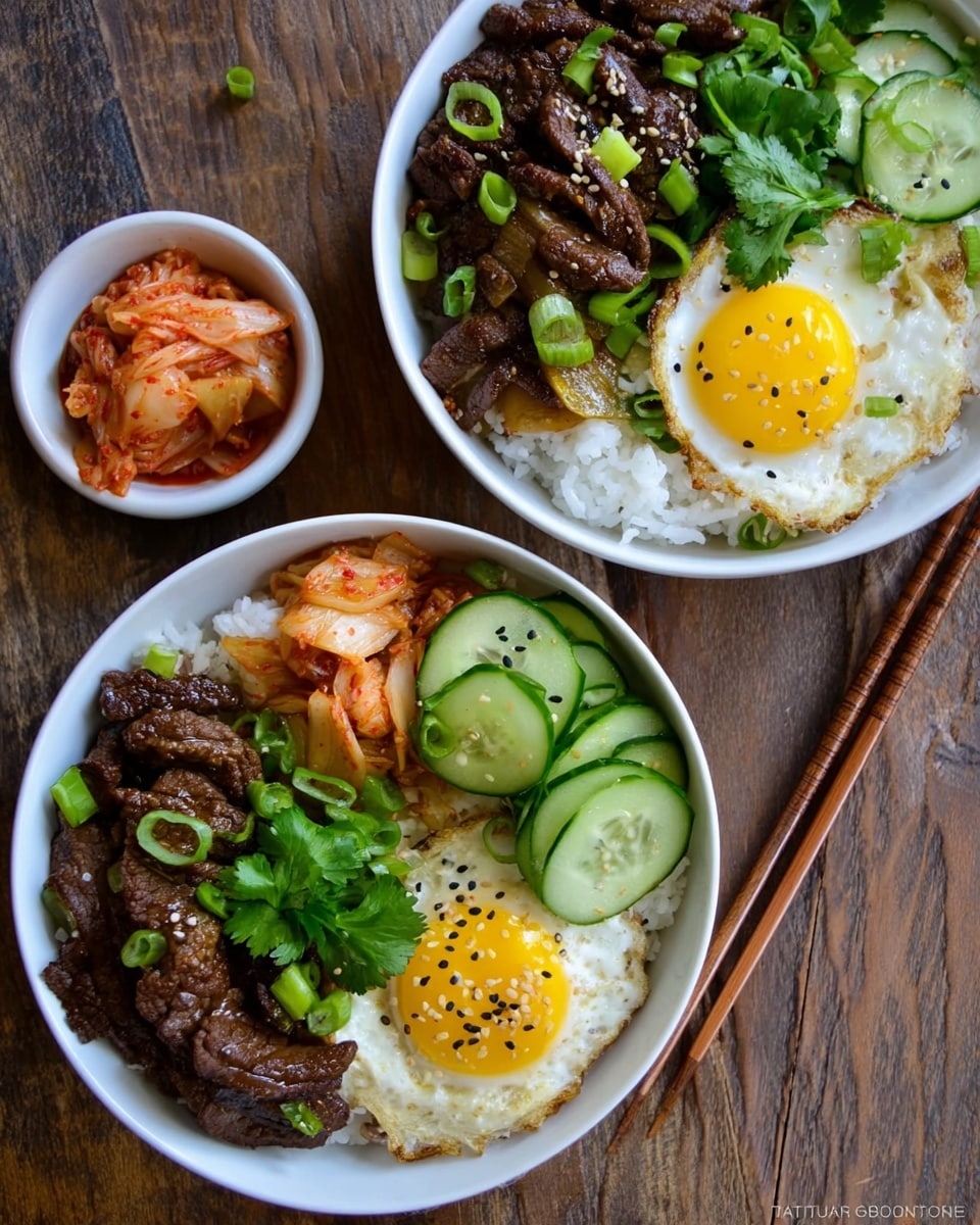 Two white bowls are filled with a layered meal on a rough wooden surface. Each bowl has a base layer of white rice, topped on one side with glossy, dark brown cooked beef garnished with green chopped scallions. On another side, there are curled strips of light green cucumber with black sesame seeds inside. One side features a sunny-side-up egg with a bright yellow yolk and white edges slightly cooked. Near the egg, there are small portions of pale pink kimchi and fresh green cilantro leaves. A small white bowl to the side holds additional kimchi. The overall look is colorful with a mix of soft textures and fresh ingredients. Photo taken with an iphone --ar 4:5 --v 7